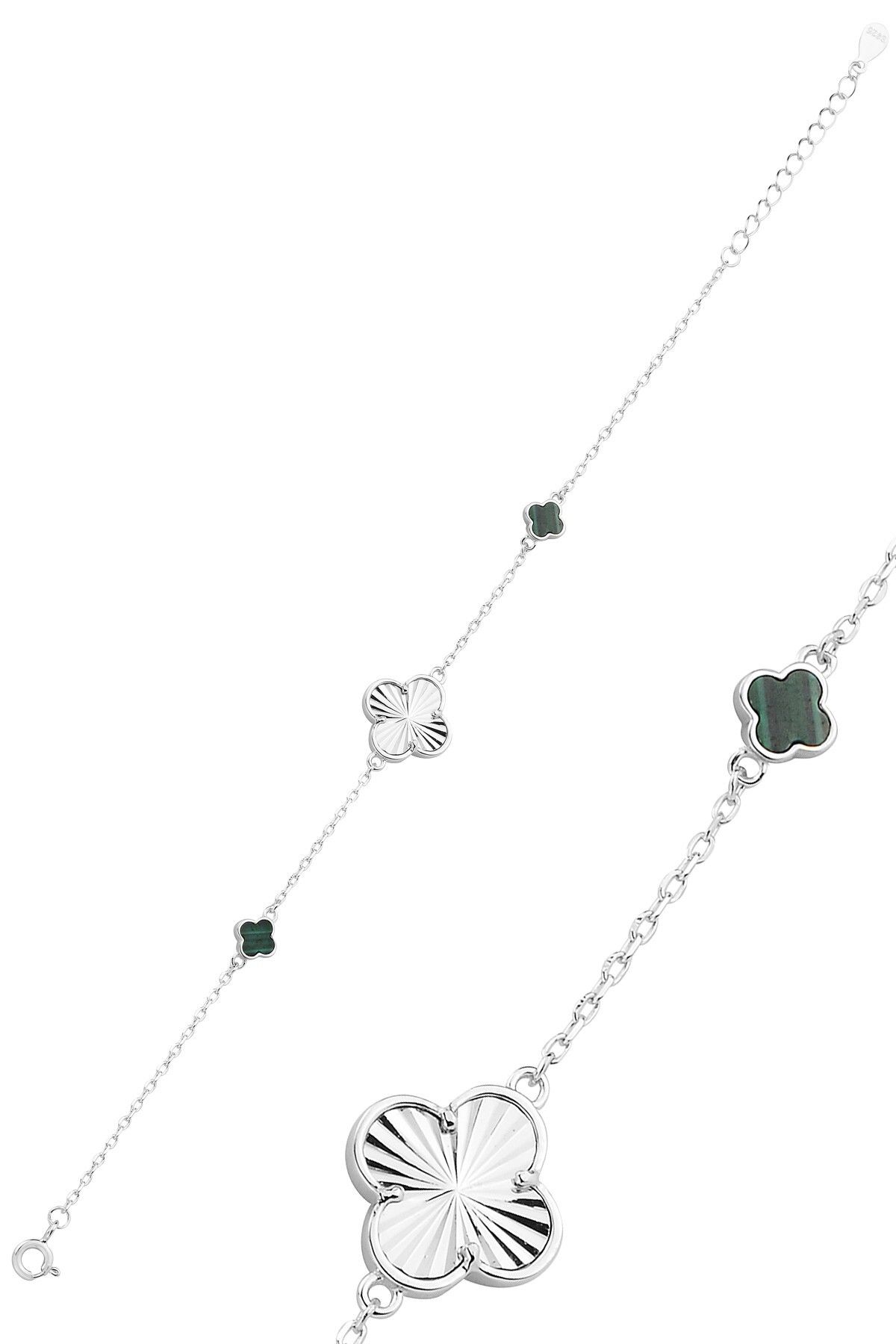 Söğütlü Silver Gümüş rodyumlu malahit taşlı lazerli talih yoncası bileklik SGTL12864YESIL