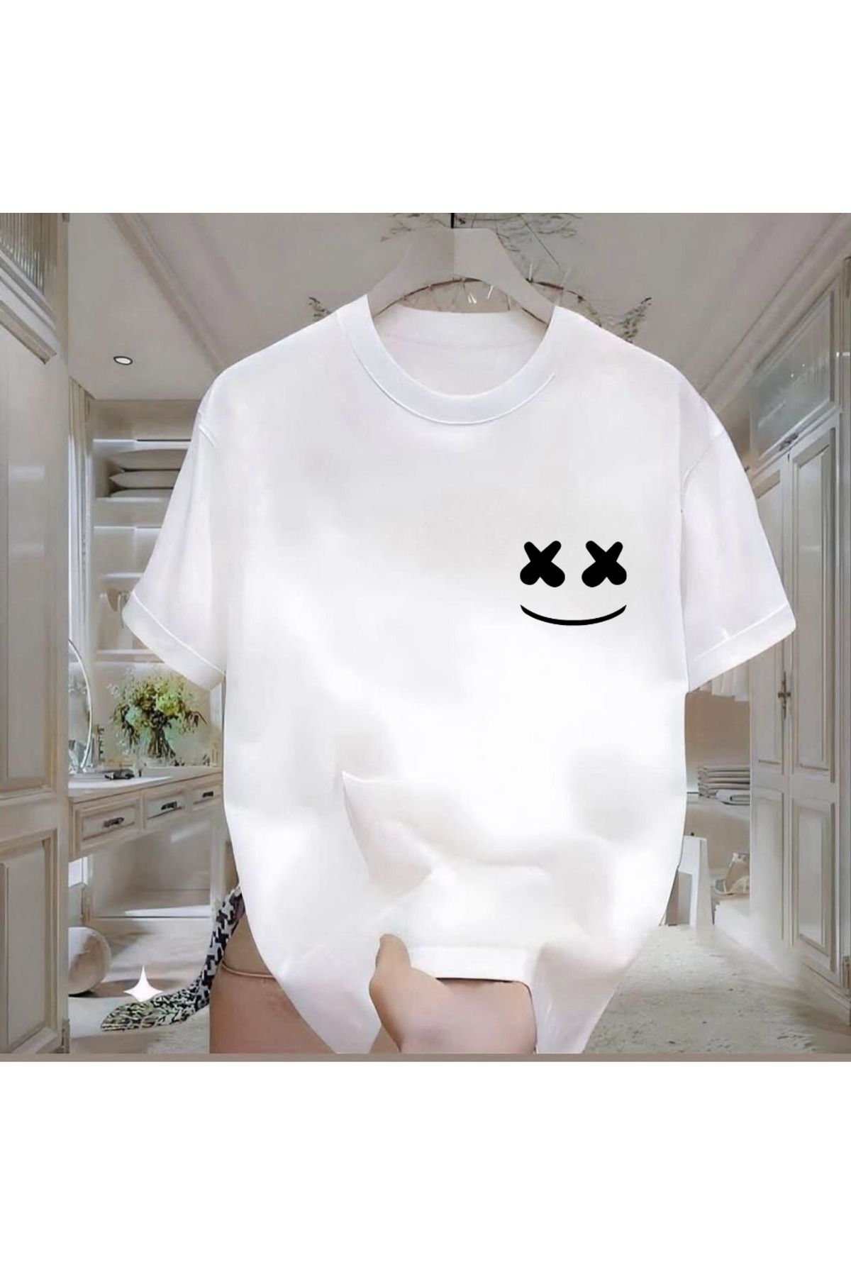 ROVELLA Smile Baskılı Beyaz Oversize Erkek Tshirt