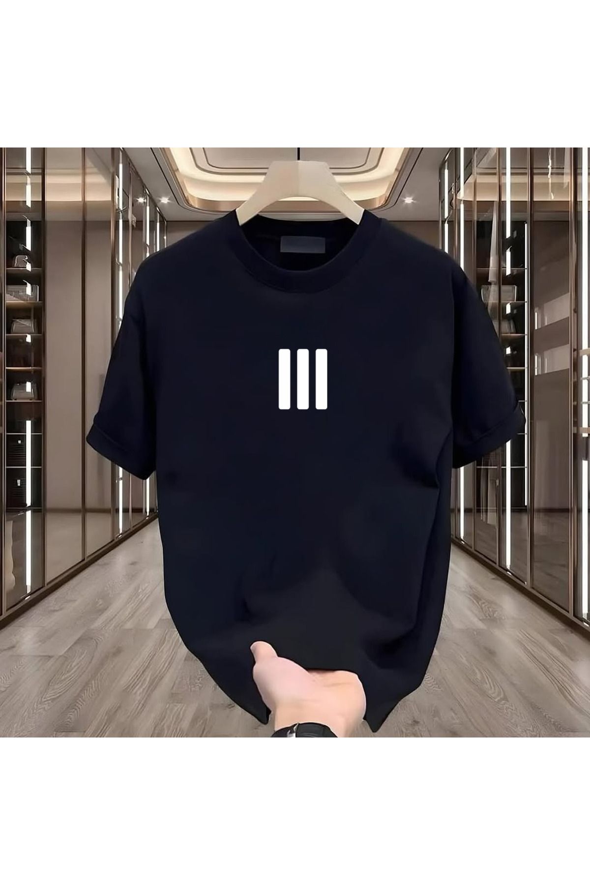 ROVELLA 3 Çizgi Baskılı Siyah Oversize Erkek Tshirt