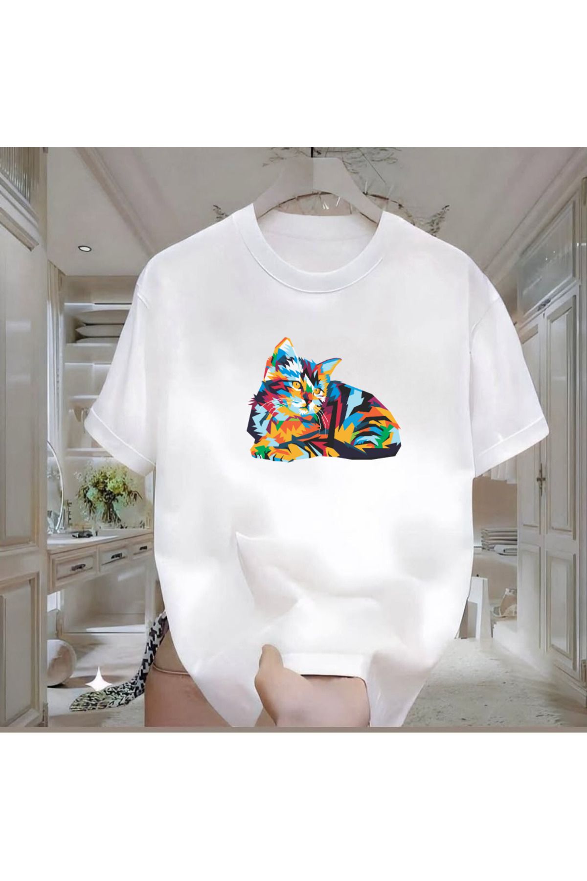 ROVELLA Pixel Cat Baskılı Beyaz Oversize Erkek Tshirt