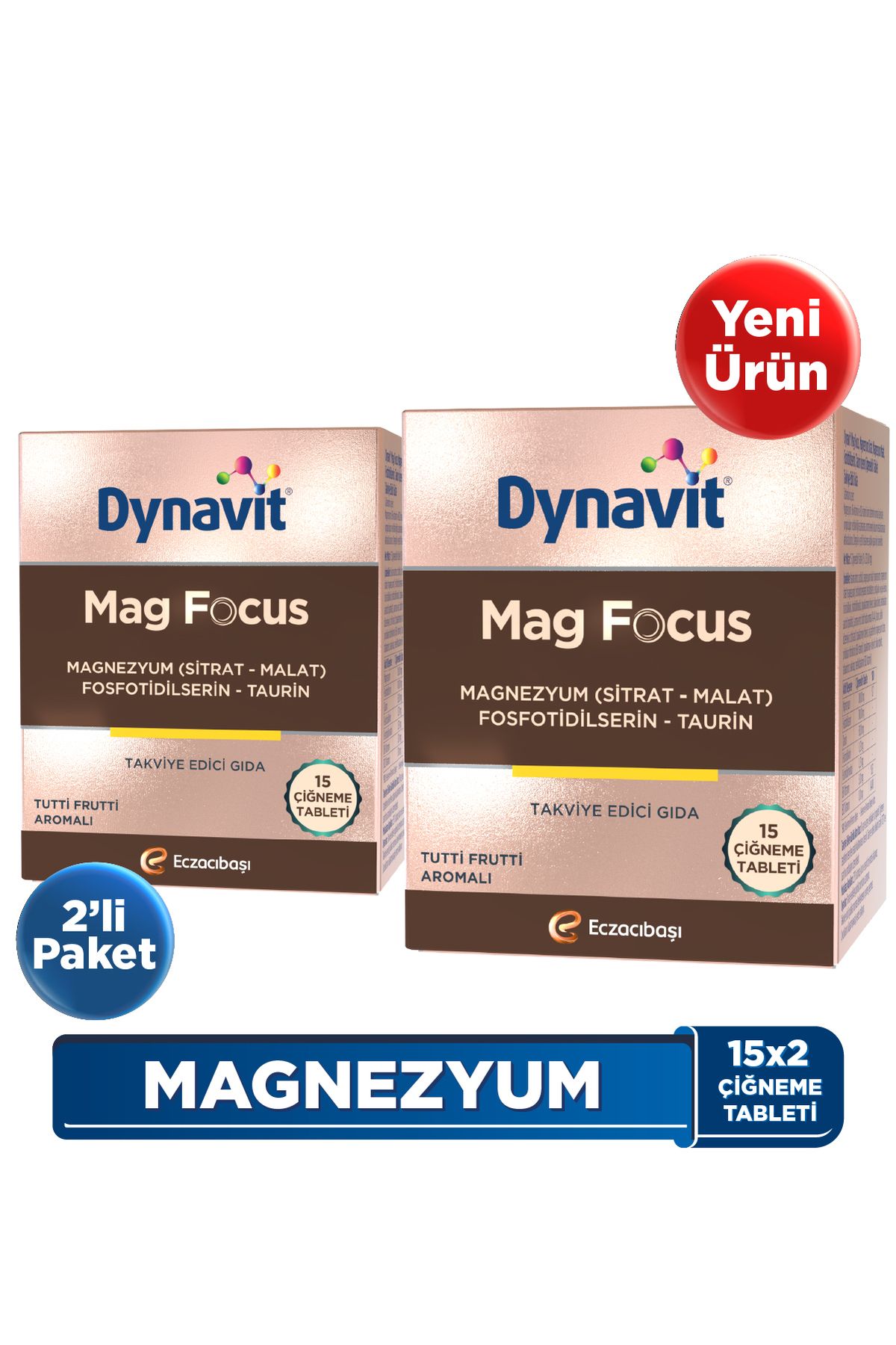 Dynavit Mag Focus 15 Çiğneme Tableti-2’li Avantaj Paketi- Magnezyum Malat, Magnezyum Sitrat, Fosfotidilserin