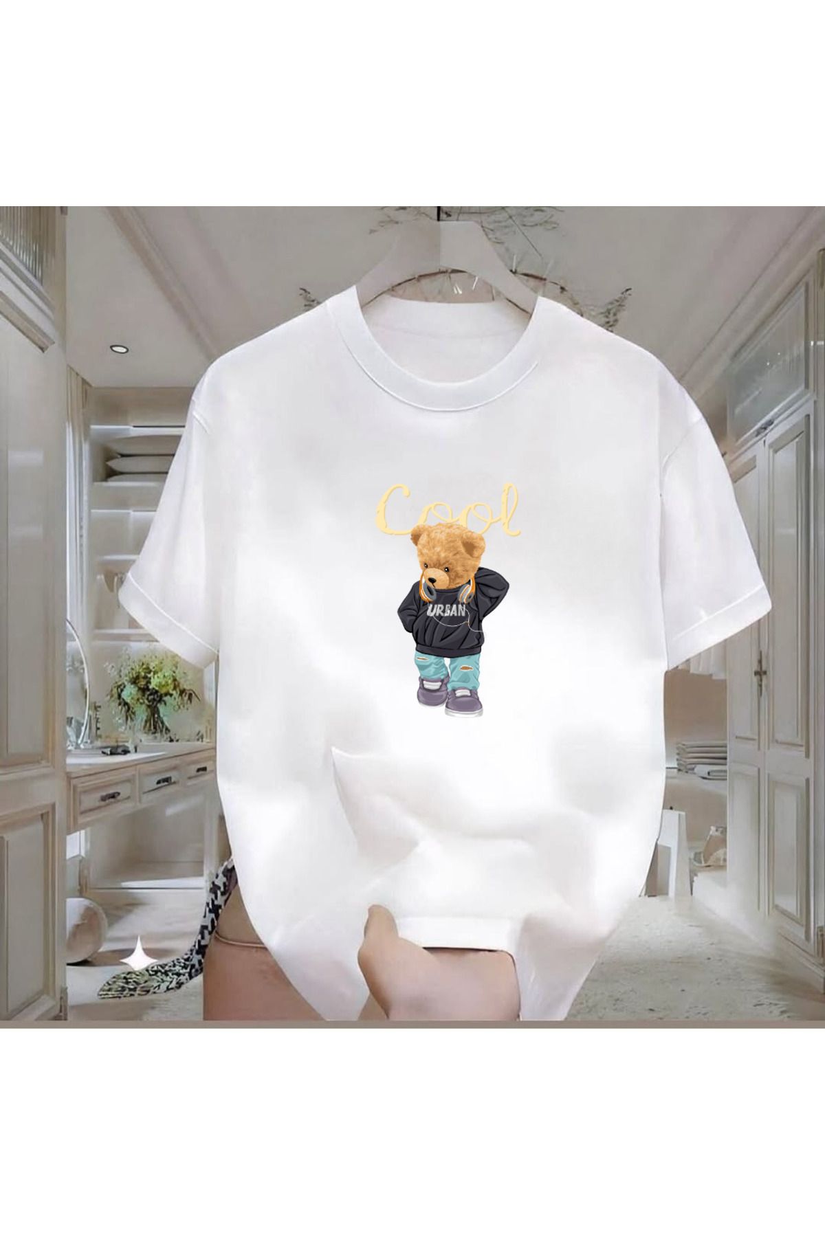 ROVELLA Cool Bear Baskılı Beyaz Oversize Erkek Tshirt
