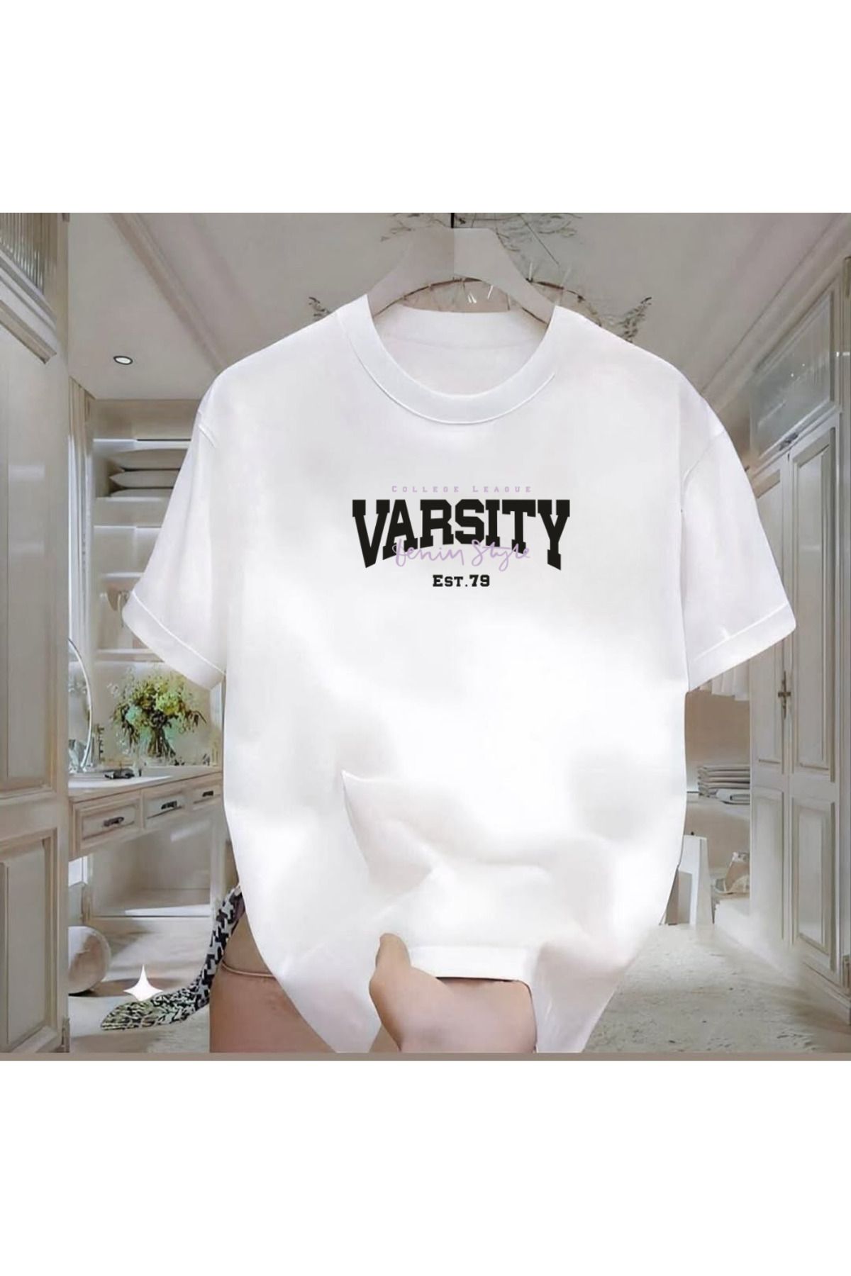 ROVELLA Varsity Baskılı Beyaz Oversize Erkek Tshirt