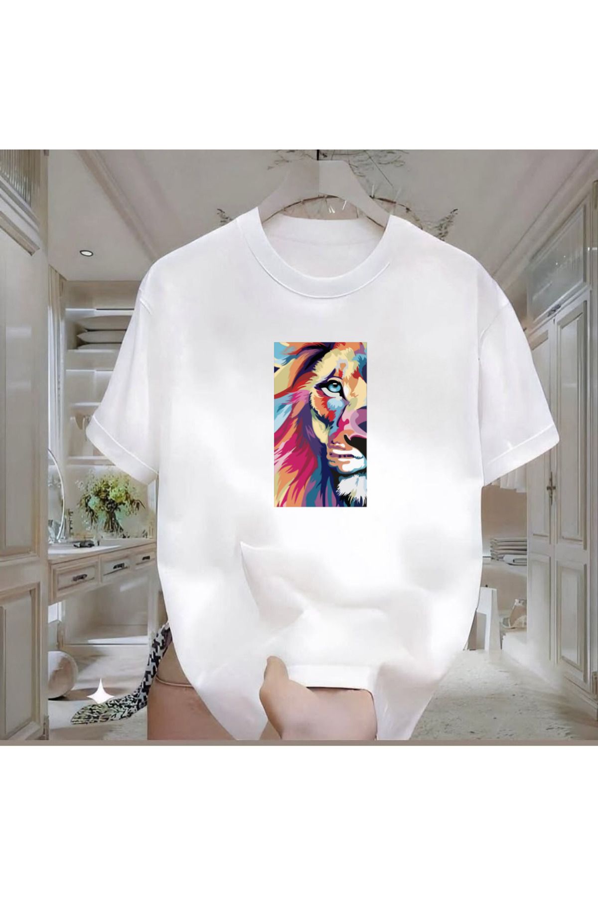ROVELLA Aslan Baskılı Beyaz Oversize Erkek Tshirt
