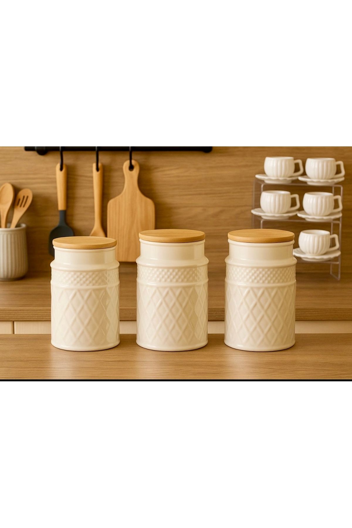 Kitchen Pembelia 3’lü Bambu Kapaklı Porselen 1500 ml Büyük Boy Kavanoz Seti Bakliyat Çay Şeker Tuz Kahve Saklama Seti
