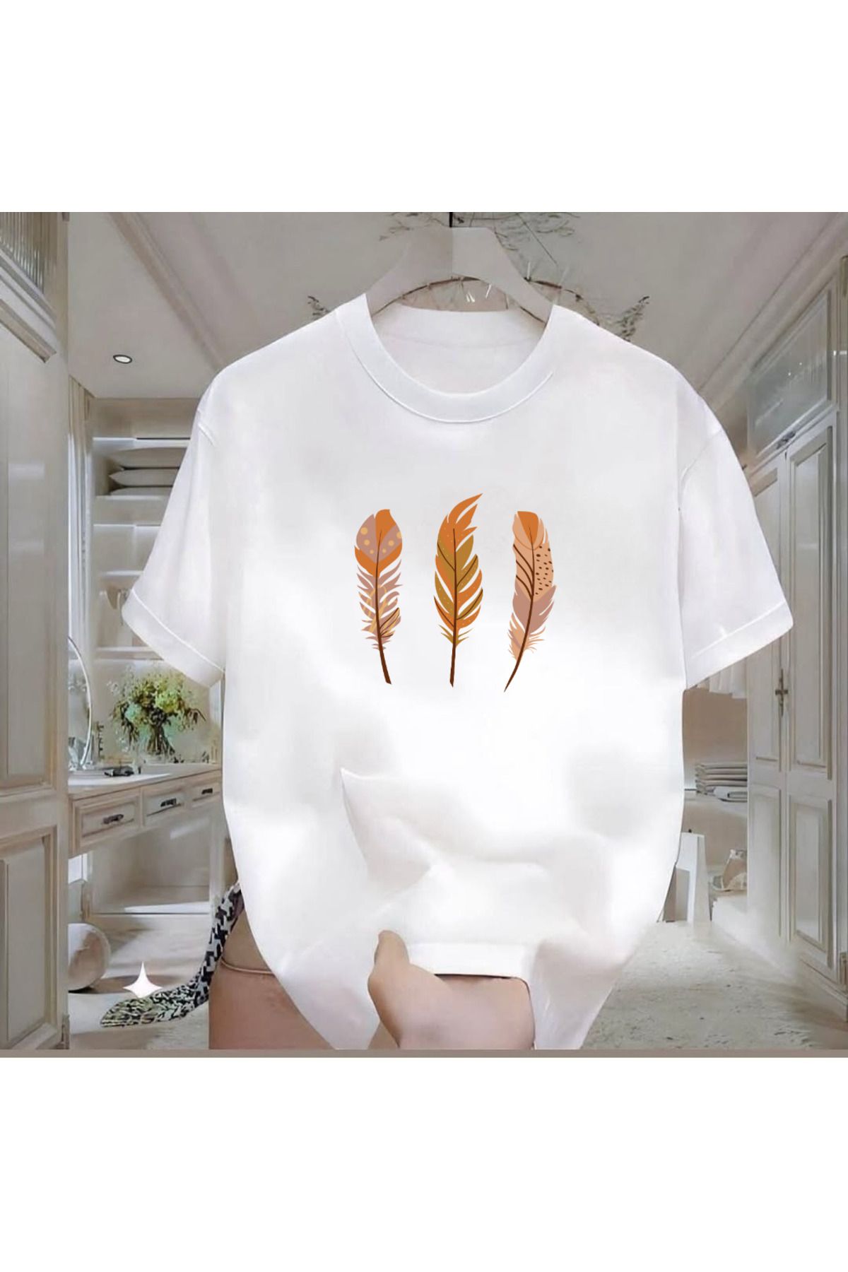 ROVELLA 3 Leaf Baskılı Beyaz Oversize Erkek Tshirt