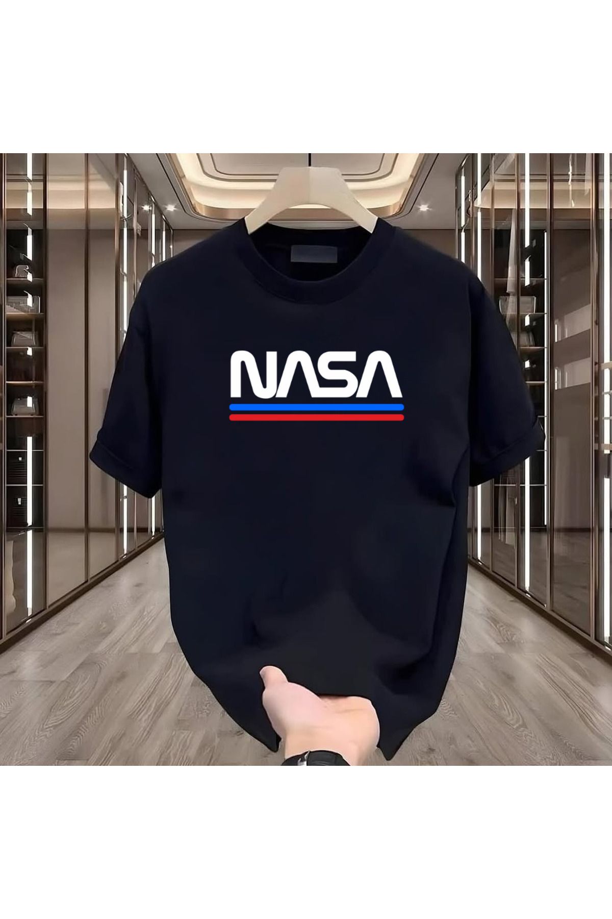 ROVELLA Nasa Baskılı Siyah Oversize Erkek Tshirt