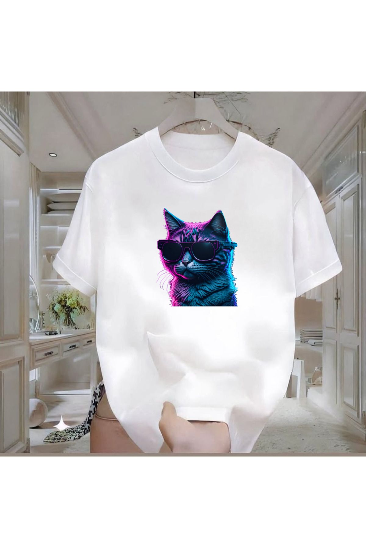 ROVELLA Mor Kedi Baskılı Beyaz Oversize Erkek Tshirt