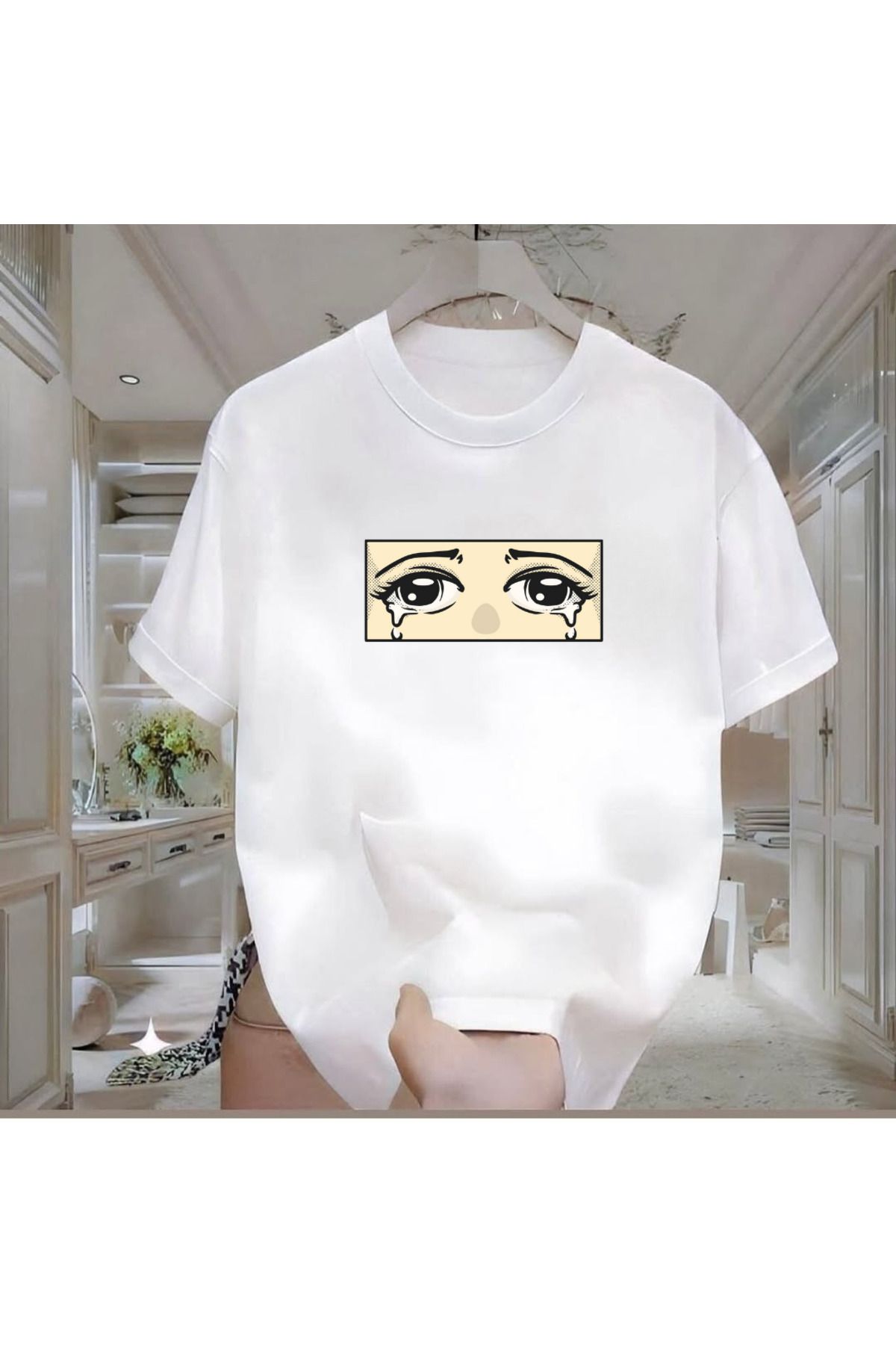 ROVELLA Ağlayan Göz Baskılı Beyaz Oversize Erkek Tshirt