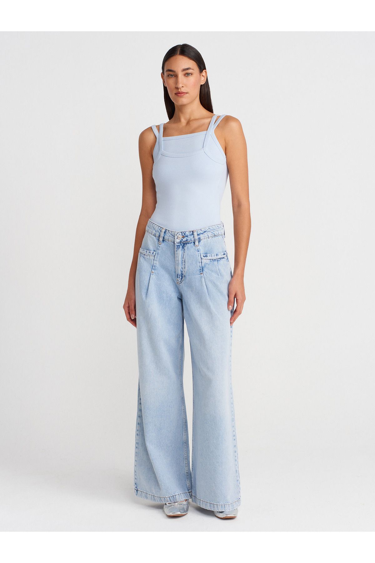 Dilvin 71995 Önü Fletolu Geniş Denim Pantolon-Mavi