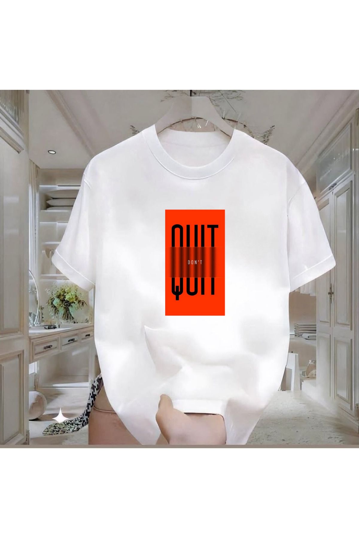 ROVELLA Dont Quit Baskılı Beyaz Oversize Erkek Tshirt