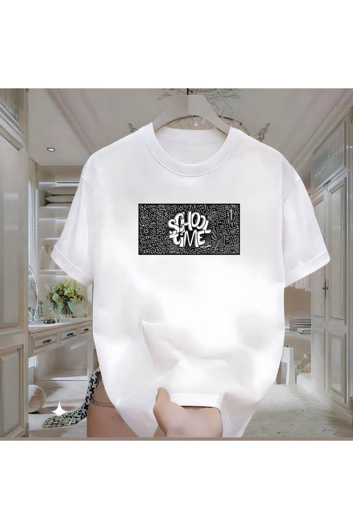 ROVELLA School Time Baskılı Beyaz Oversize Erkek Tshirt