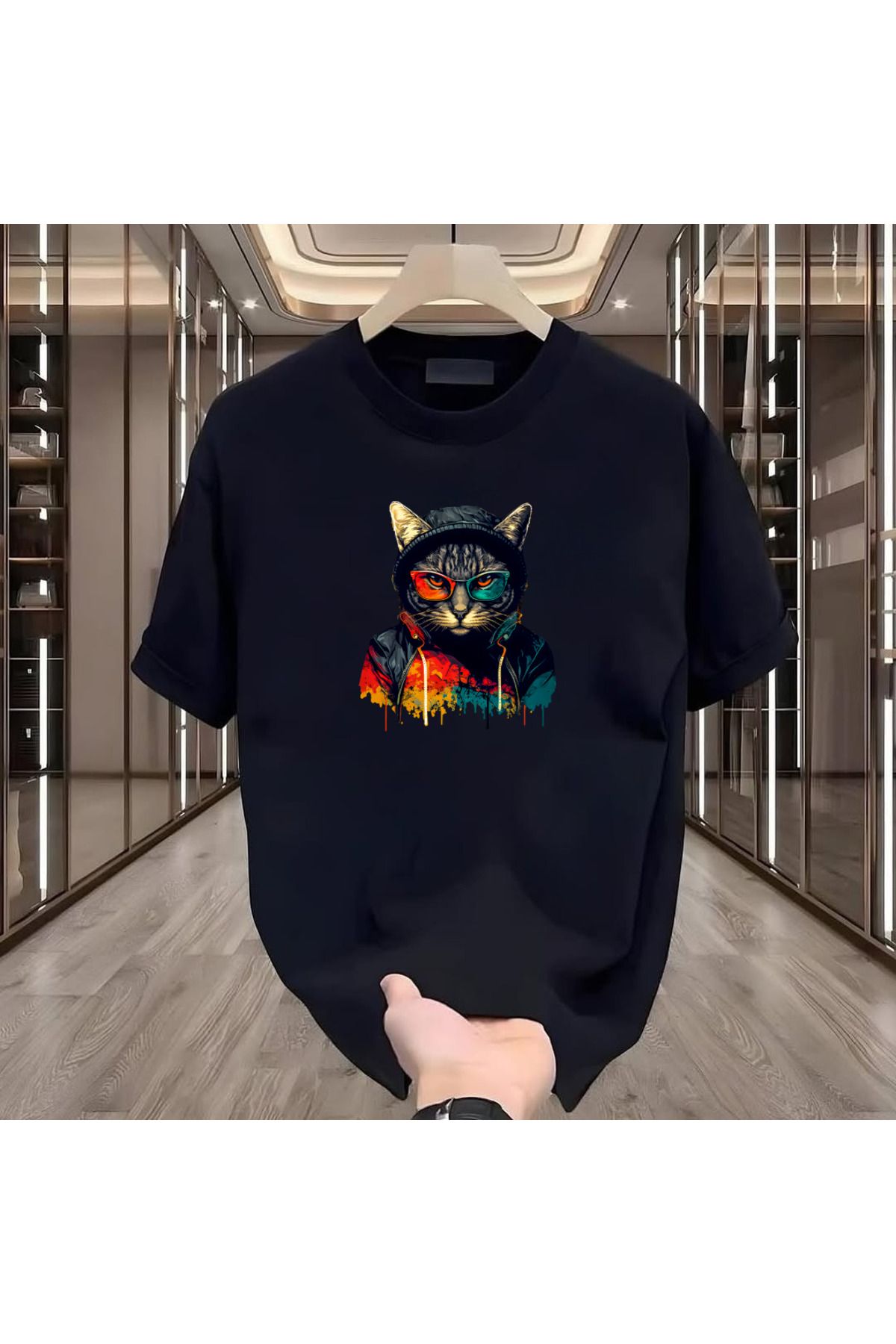 ROVELLA Black Cat Baskılı Siyah Oversize Erkek Tshirt