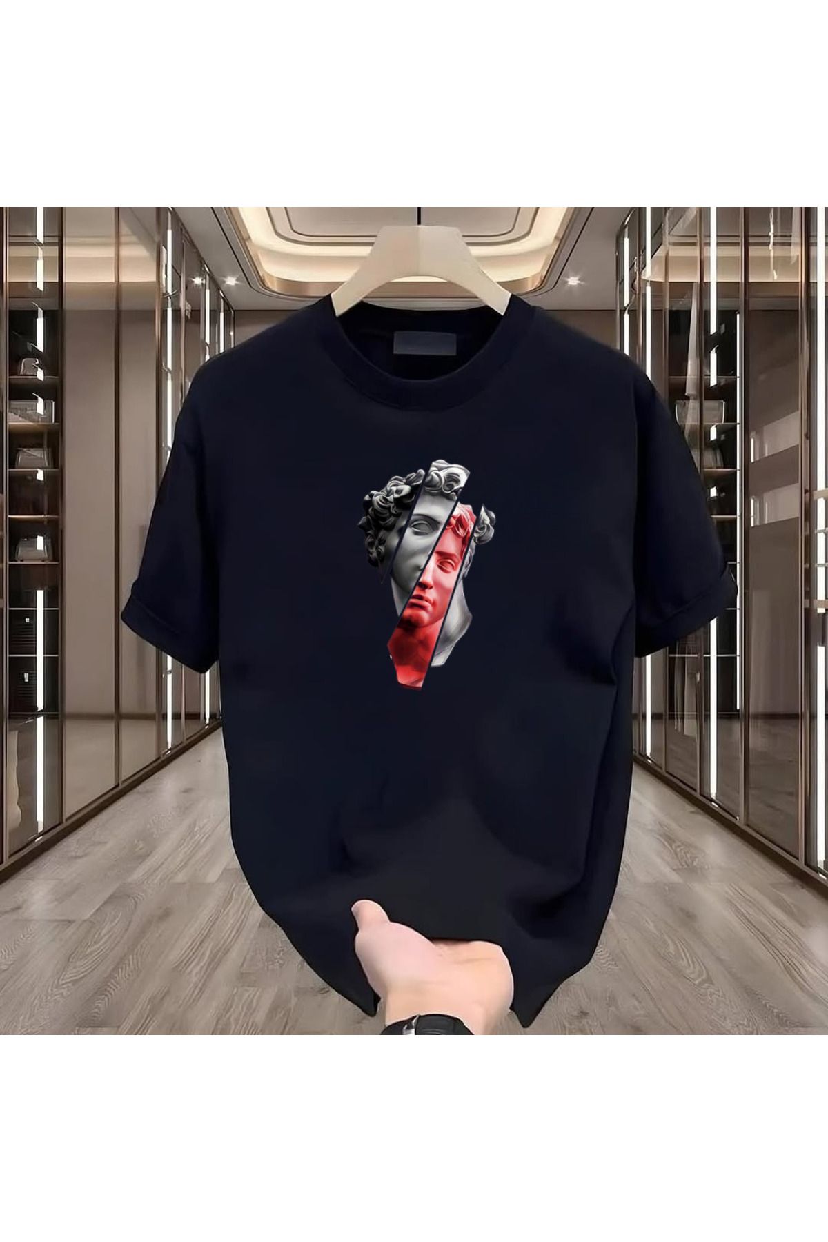 ROVELLA Heykel Baskılı Siyah Oversize Erkek Tshirt