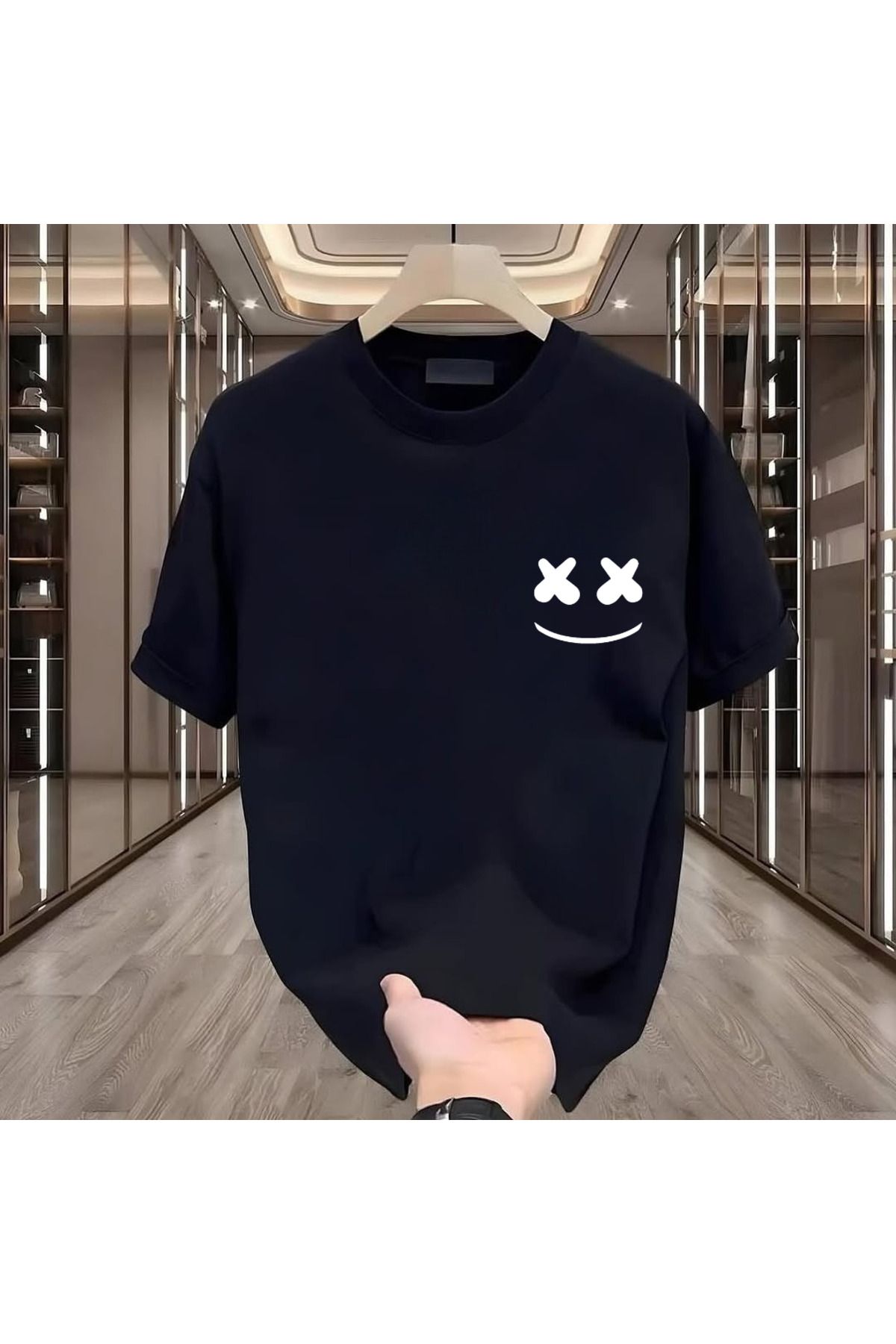 ROVELLA Smile Baskılı Siyah Oversize Erkek Tshirt