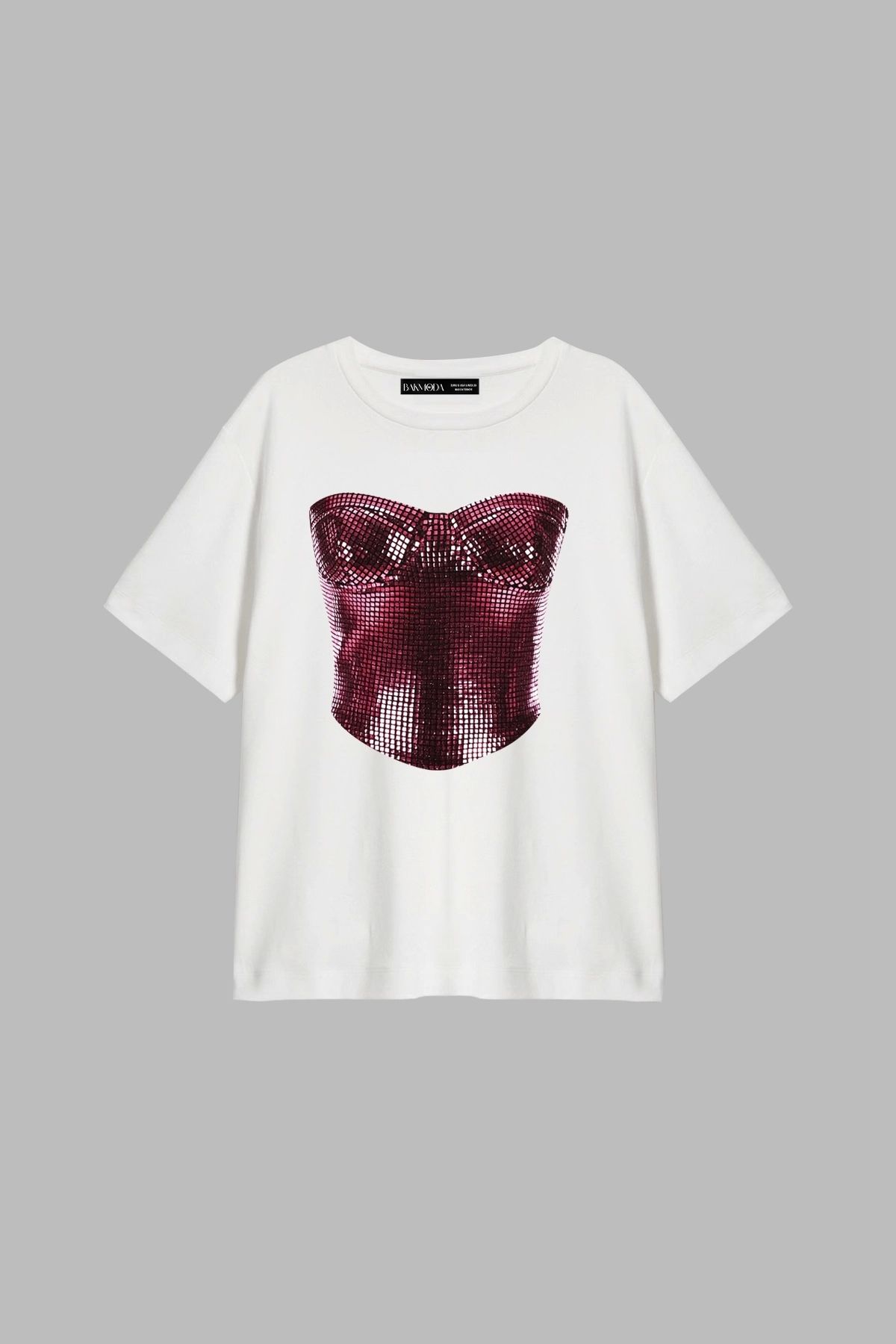 Bak Moda Corset Baskılı Relaxed Fit Beyaz Kadın Tshirt