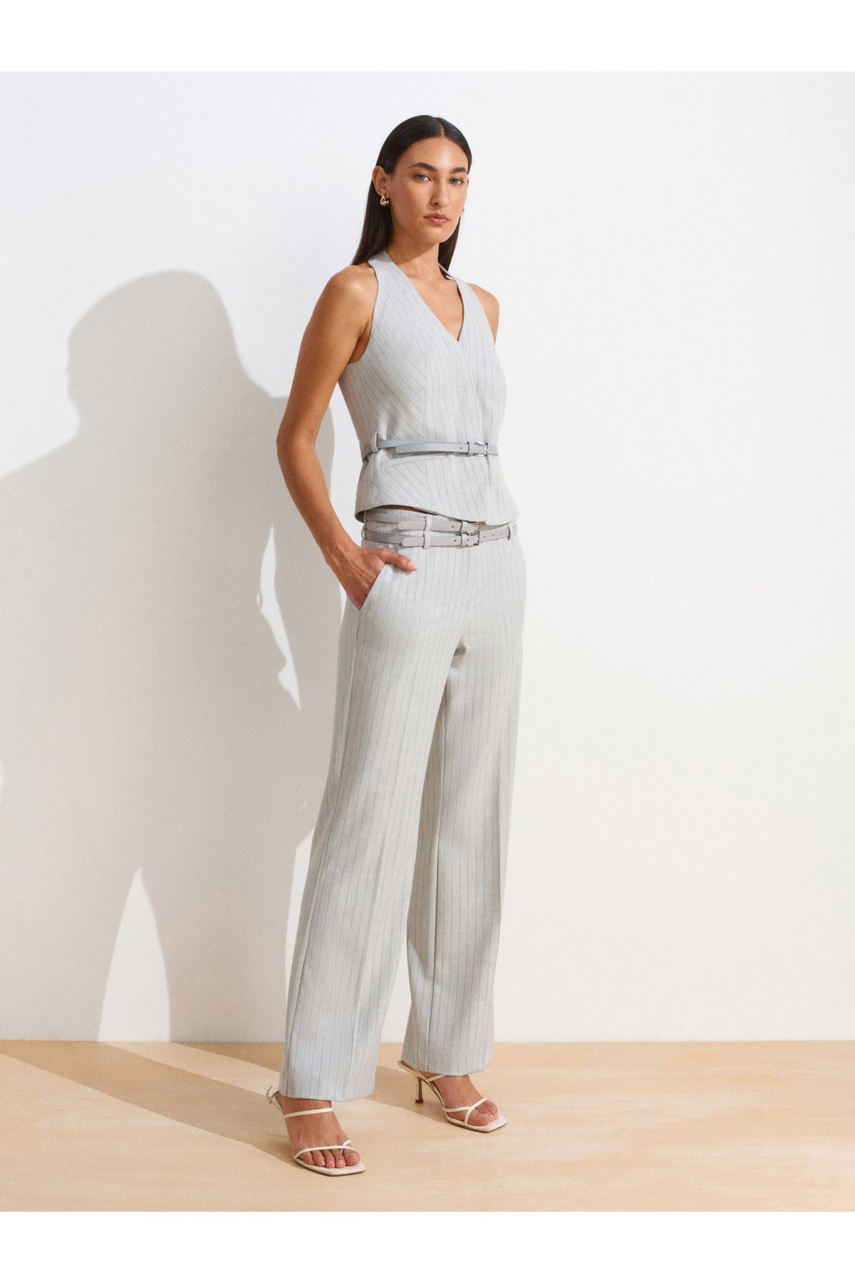 Dilvin 72129 Çift Kemerli Pantolon-Gri