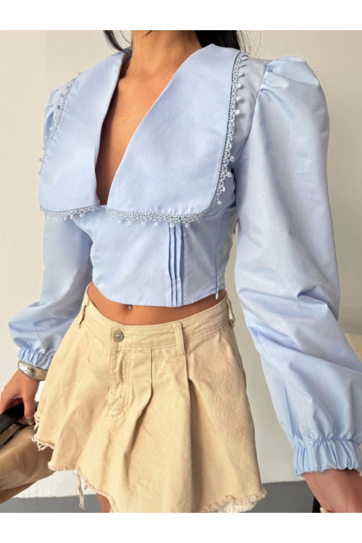 POLEXP CROP POPLİN GÖMLEK YAKA KENAR DANTEL DETAYLI - Bebe Mavi