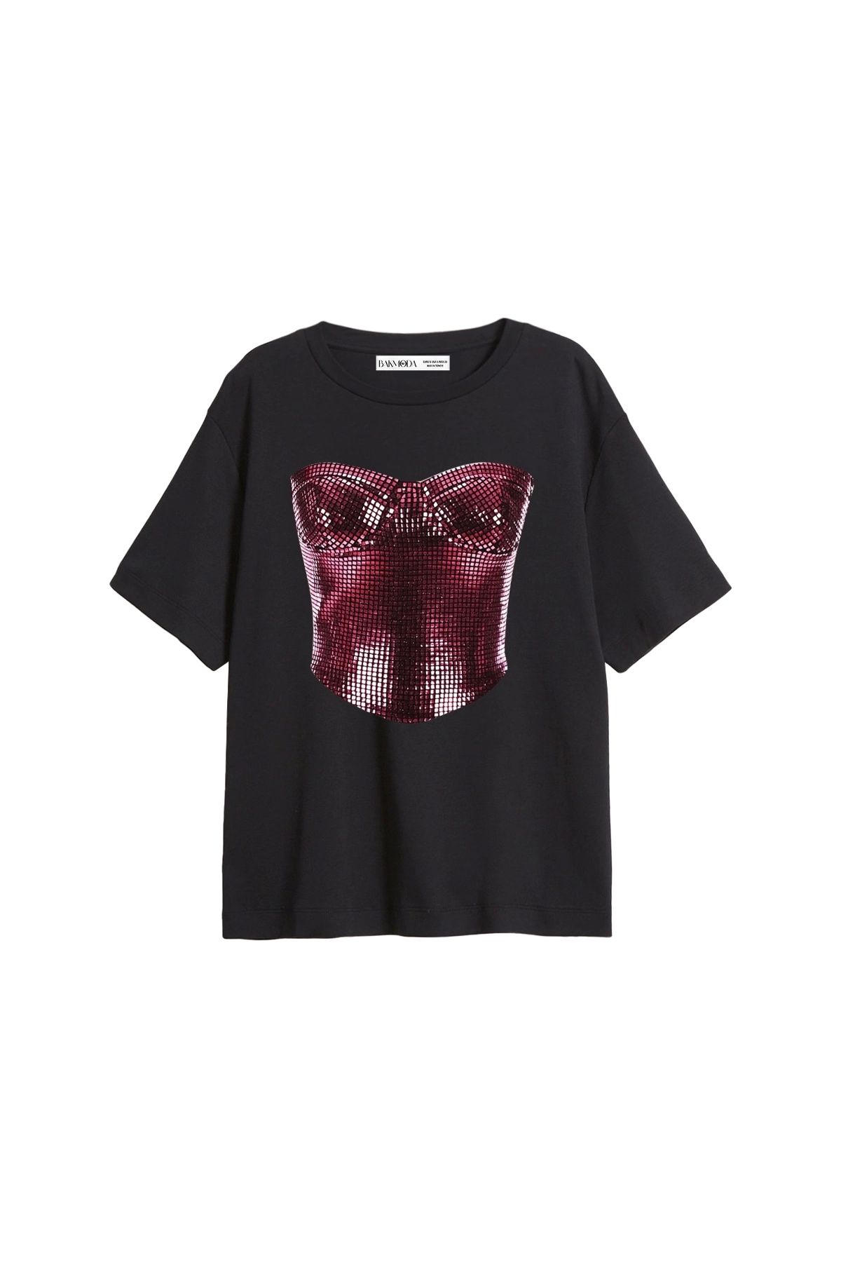 Bak Moda Corset Baskılı Relaxed Fit Siyah Kadın Tshirt