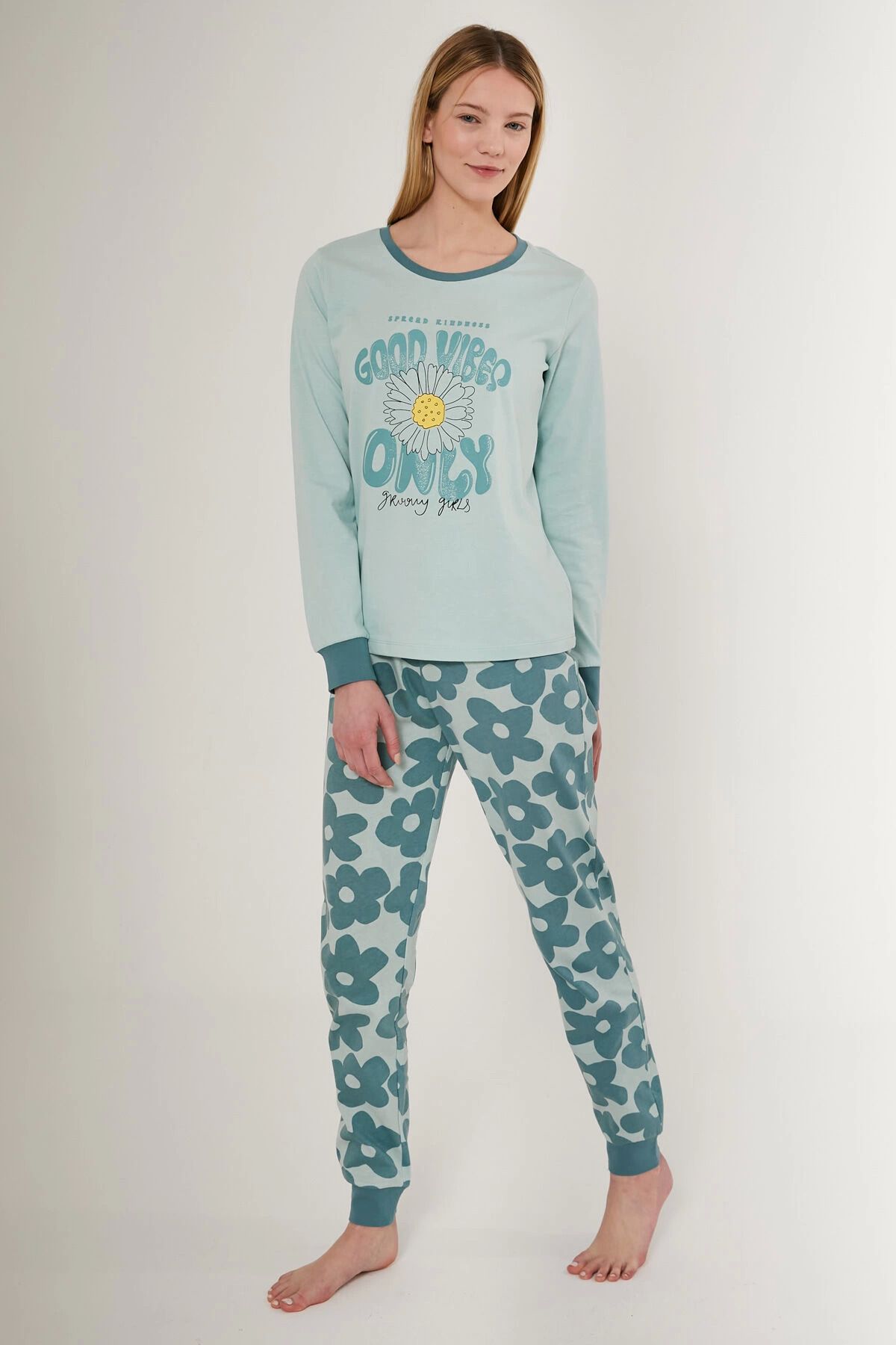 Modafiks Roly Poly 3247-S Kadın Uzun Kol Pijama Takımı - Mint - L