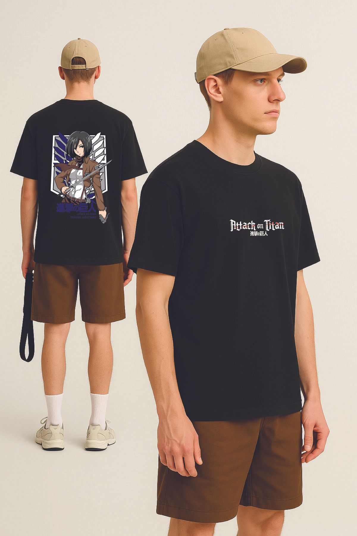 By Caspita Fashion Lenithra Attack on Titan Mikasa Anime Sırt Baskılı Unisex Oversize Siyah T-shirt