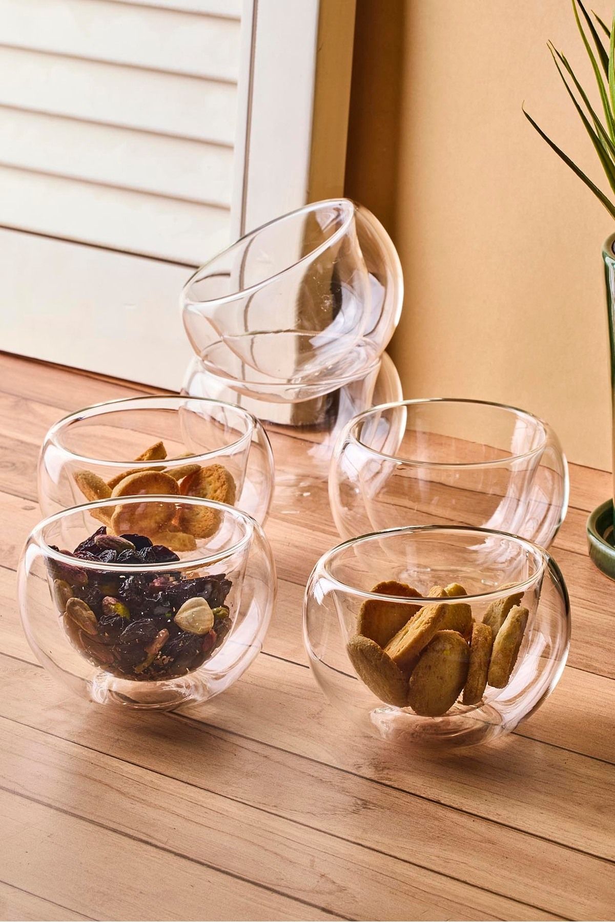 Perotti Bowy 6'lı Çift Cidarlı Cam Sosluk Reçellik Drajelik Lokumluk Kase 8x4,5 cm