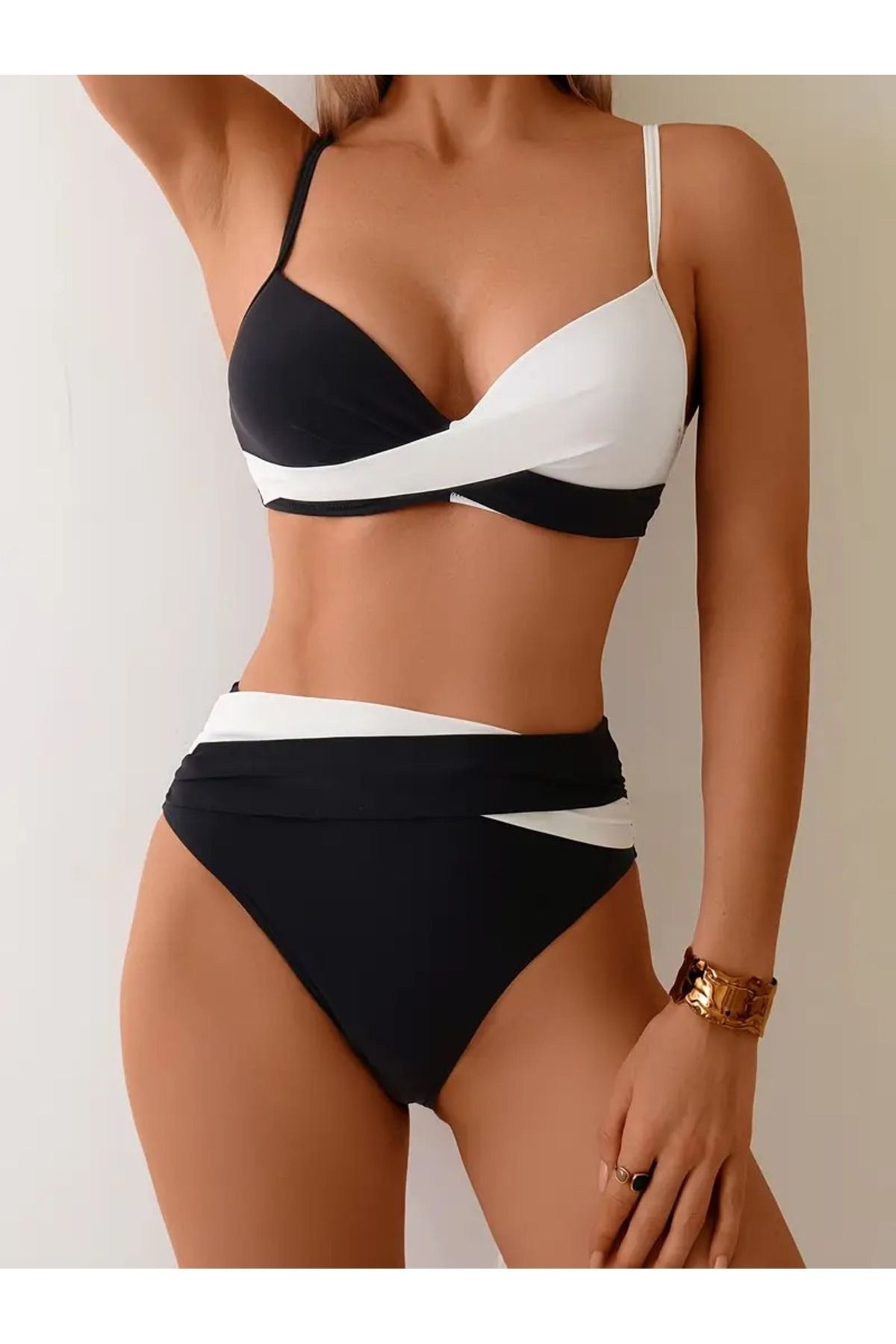 mujeres Siyah Beyaz Asil Duruş Şık Karın Toparlayıcı Yüksek Kalite Bikini