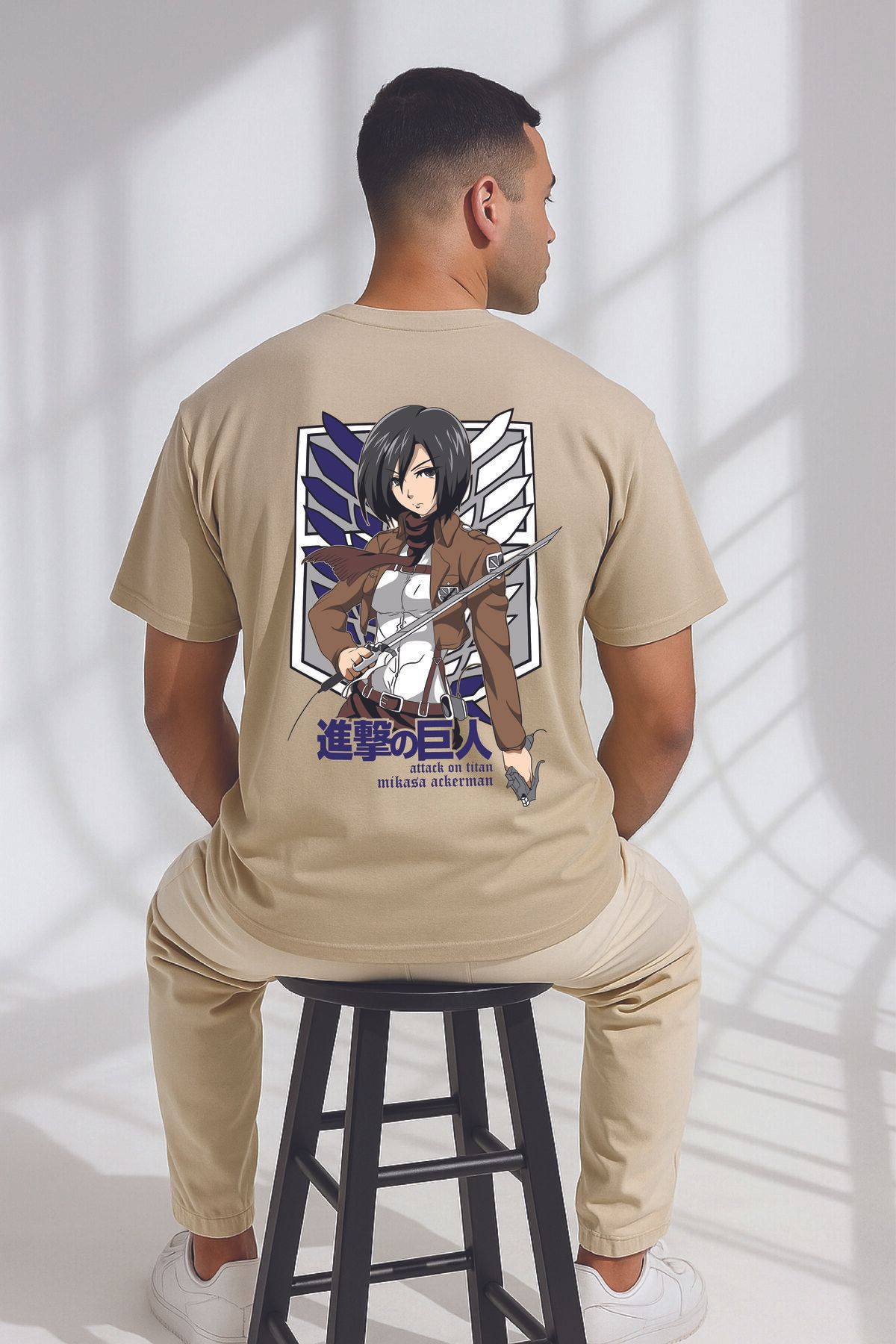 By Caspita Fashion Lenithra Attack On Titan Mikasa Anime Sırt Baskılı Unisex Oversize Bej T-shirt