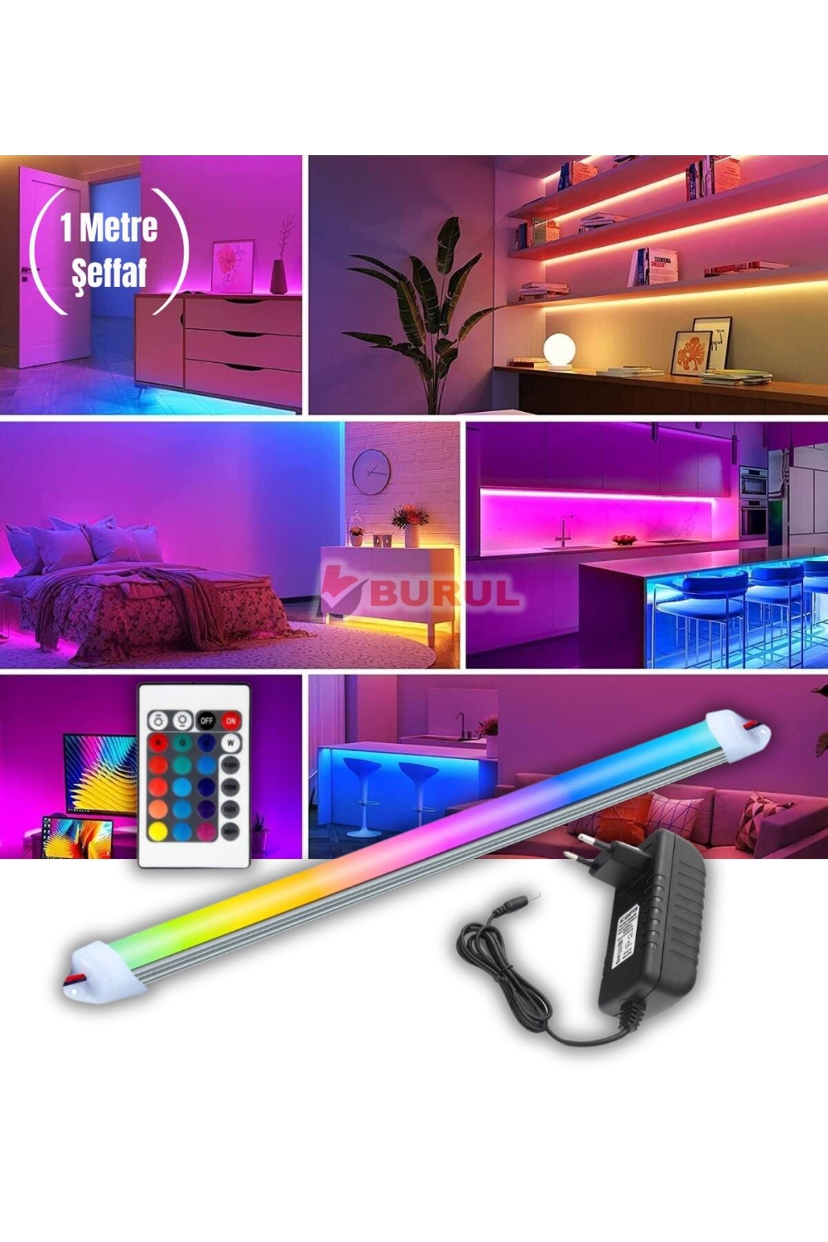 burul SB-6540 1 Metre Şeffaf RGB 16 Renk Kumandalı Çubuk Şerit Led Renk Değiştiren Led Işık