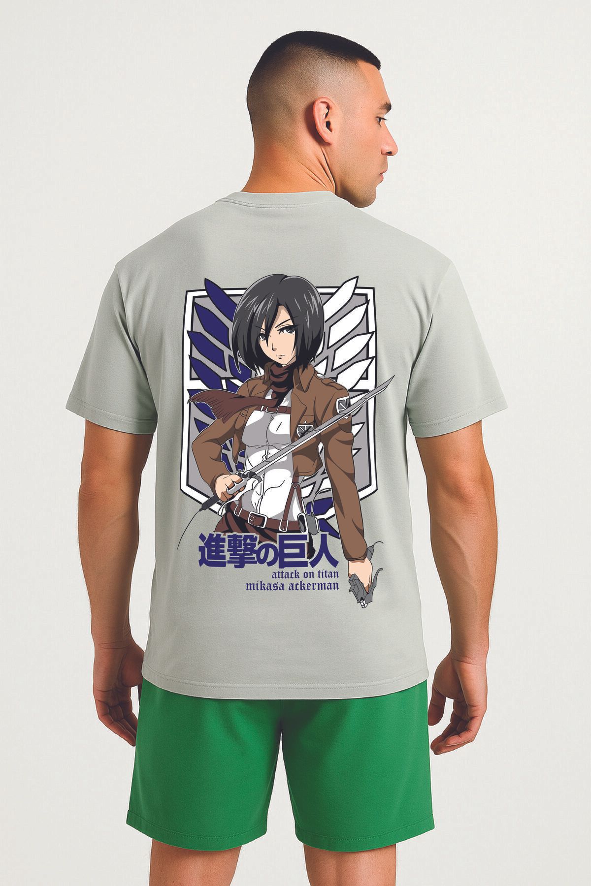 By Caspita Fashion Lenithra Attack On Titan Mikasa Anime Sırt Baskılı Unisex Oversize Gri T-shirt