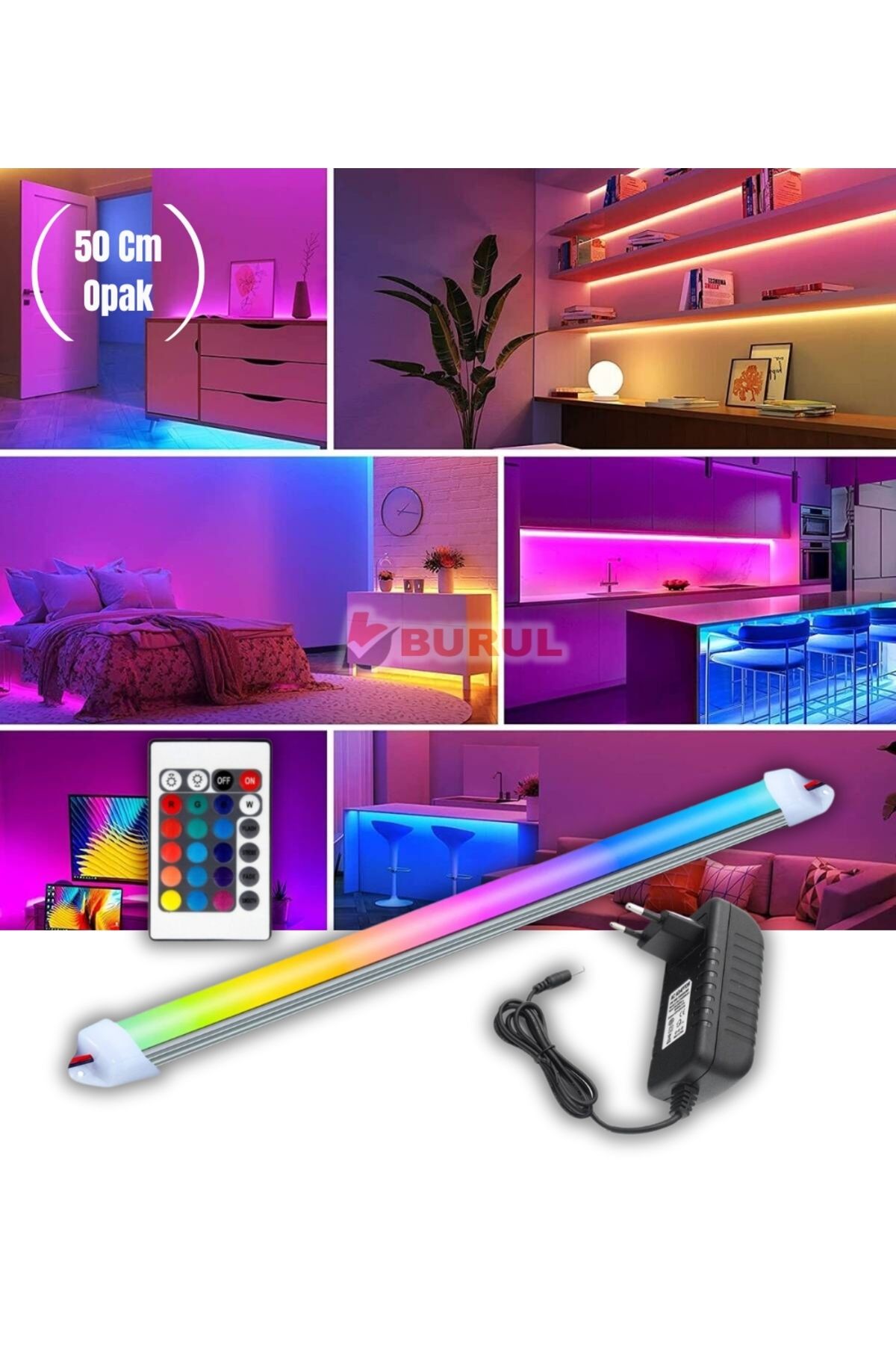 burul SB-6540 50 Cm Opak RGB 16 Renk Kumandalı Çubuk Şerit Led Renk Değiştiren Led Işık