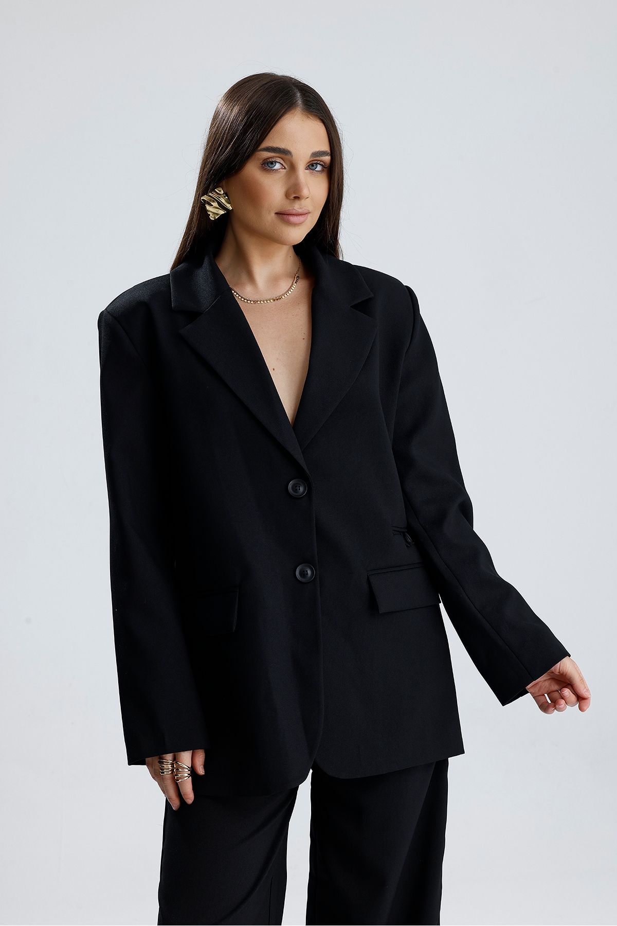 VAPUR TEKSTİL-Three-Pocket Oversized Blazer Jacket with Front Buttons 2