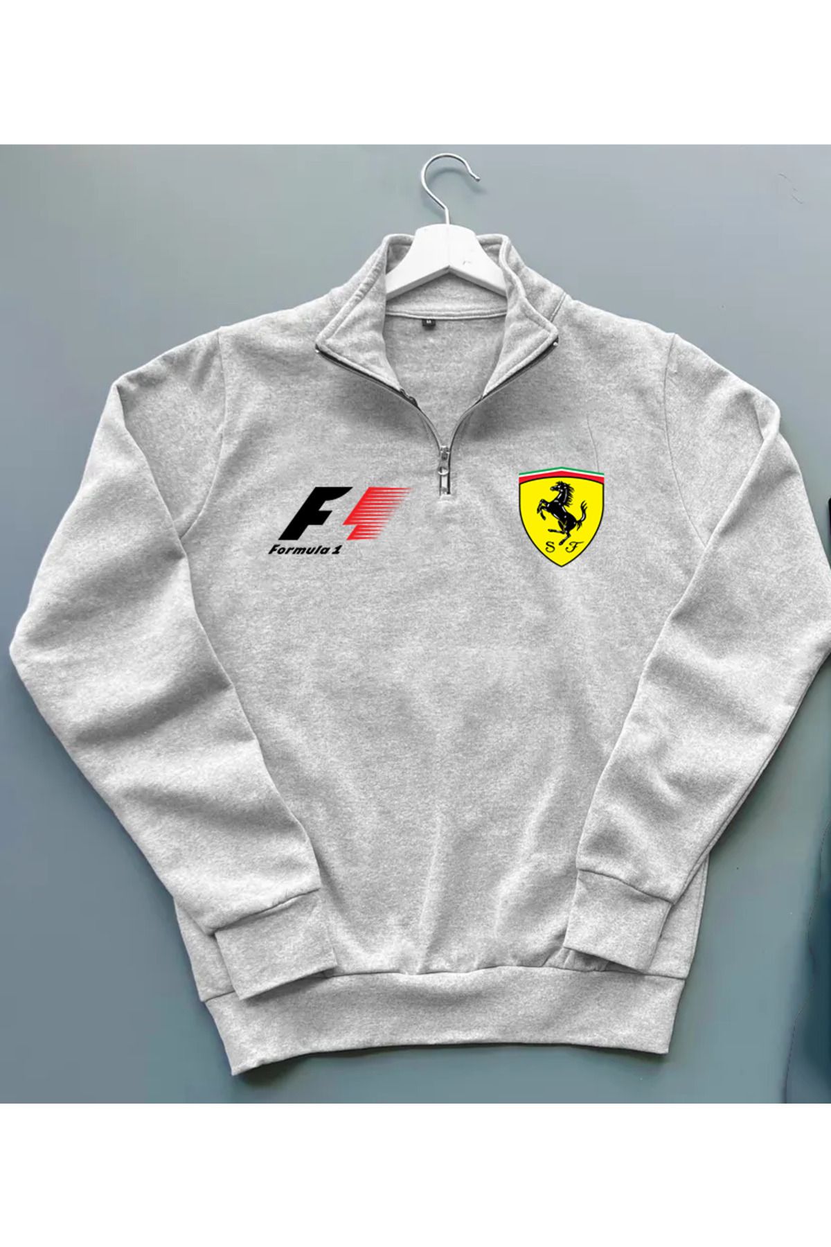 Pisa Art FERARİ LOGOLU FORMULA 1 F1 ÖZEL TASARIM %100 PAMUK YARIM FERMUARLI SWEATSHİRT