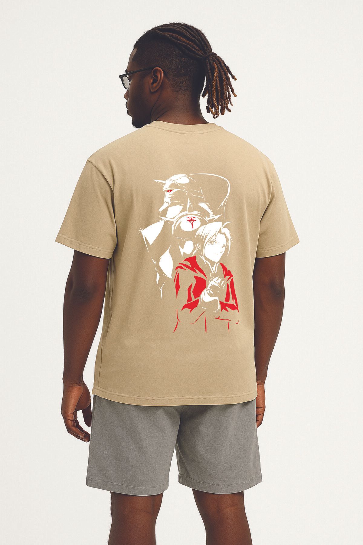 By Caspita Fashion Lenithra Fullmetal Alchemist Brotherhood Elric Sırt Baskılı Unisex Oversize Bej T-shirt