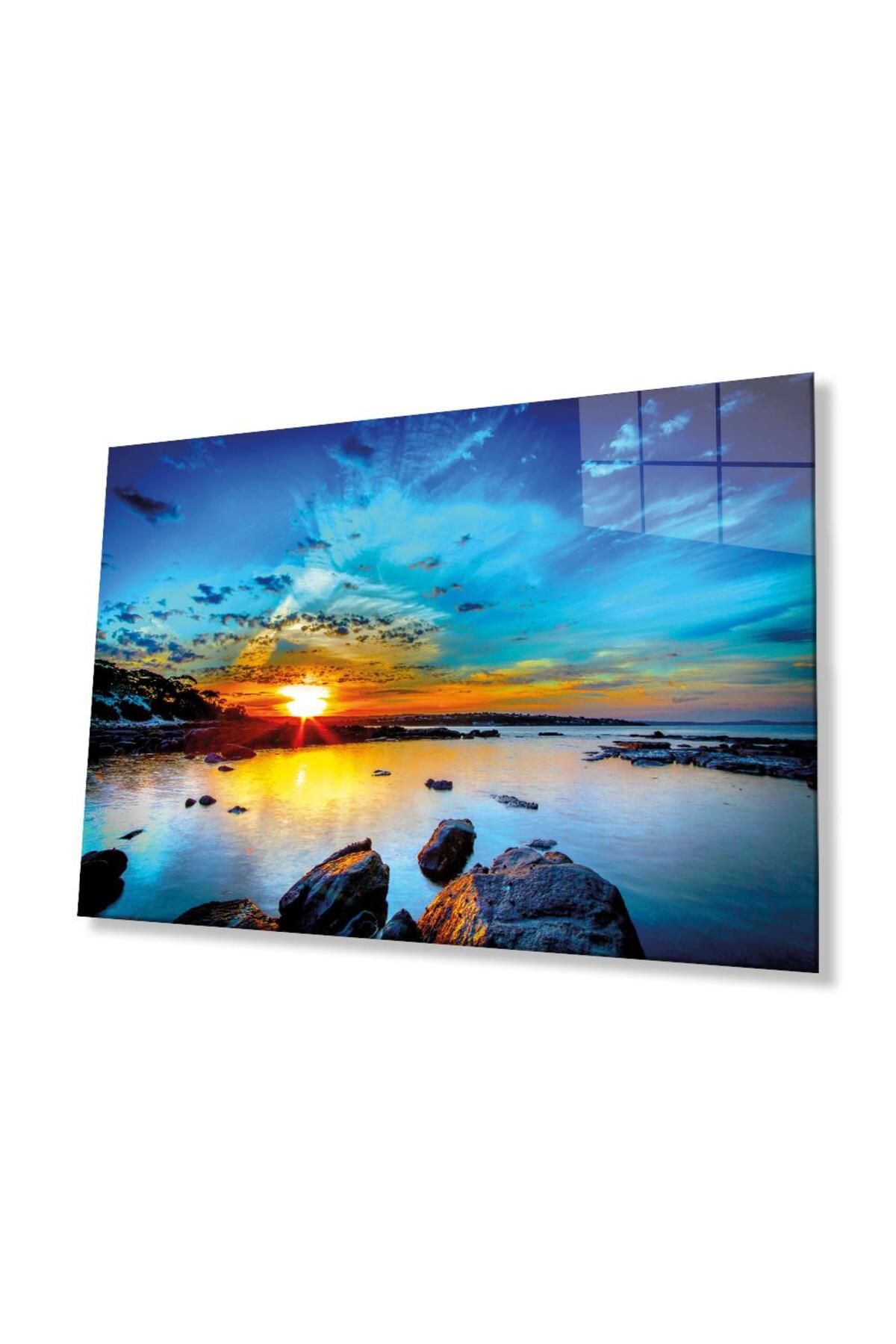 idealizbiz Kaya Deniz Manzara Cam Tablo 4mm Dayanıklı Temperli Cam Mountain Reflection Landscape Glass Table 4