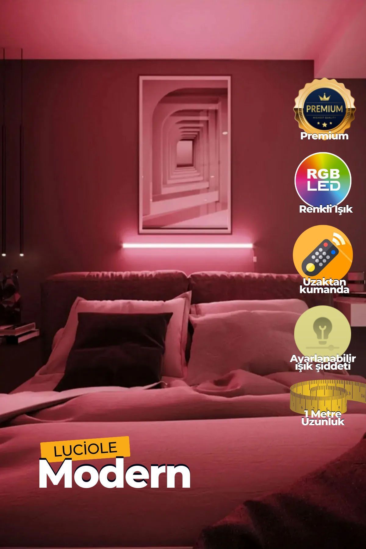 SerenityHaven Çok Renkli Led Lambader Yapışkanlı 1 Metre Her Alana Uygun Uzaktan Kumandalı Wpembe Modlu