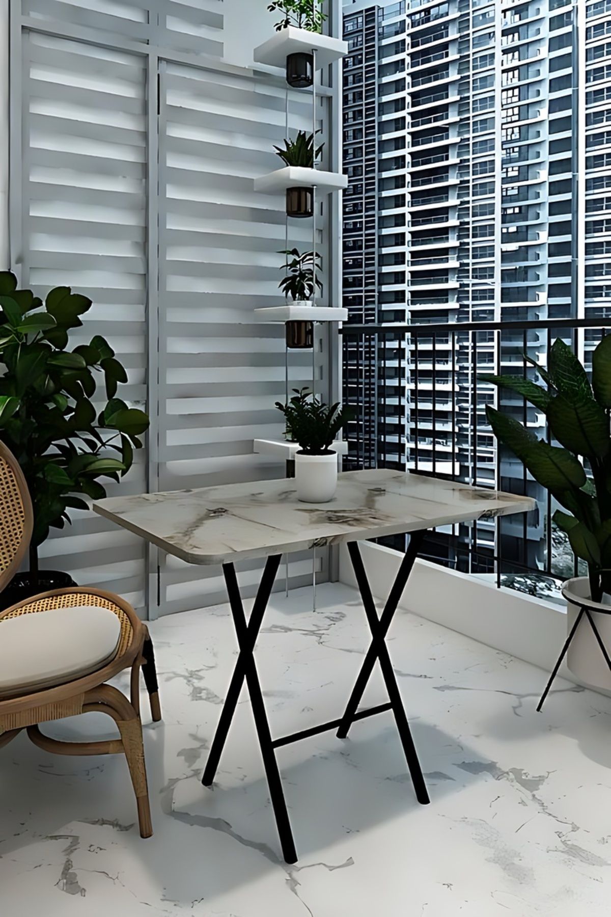 NESU HOME 60x90 Efes Mermer Siyah Ayaklı Katlanır Masa Mutfak Masası Yemek Masası Balkon Masası
