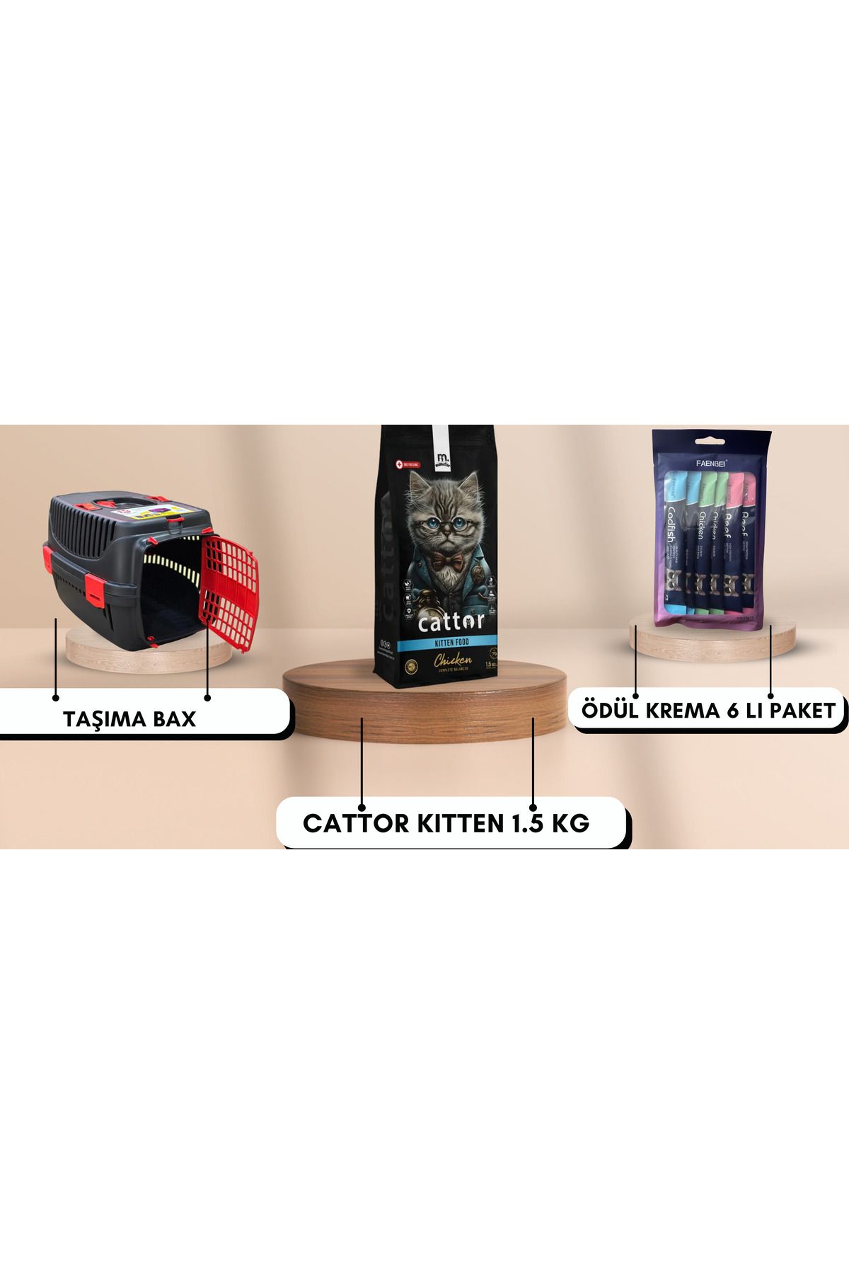 GÖKTULPAR Taşıma Çantası Cattor Kıtten 1.5 kg faenbei Ödül Krema 6 lı paket