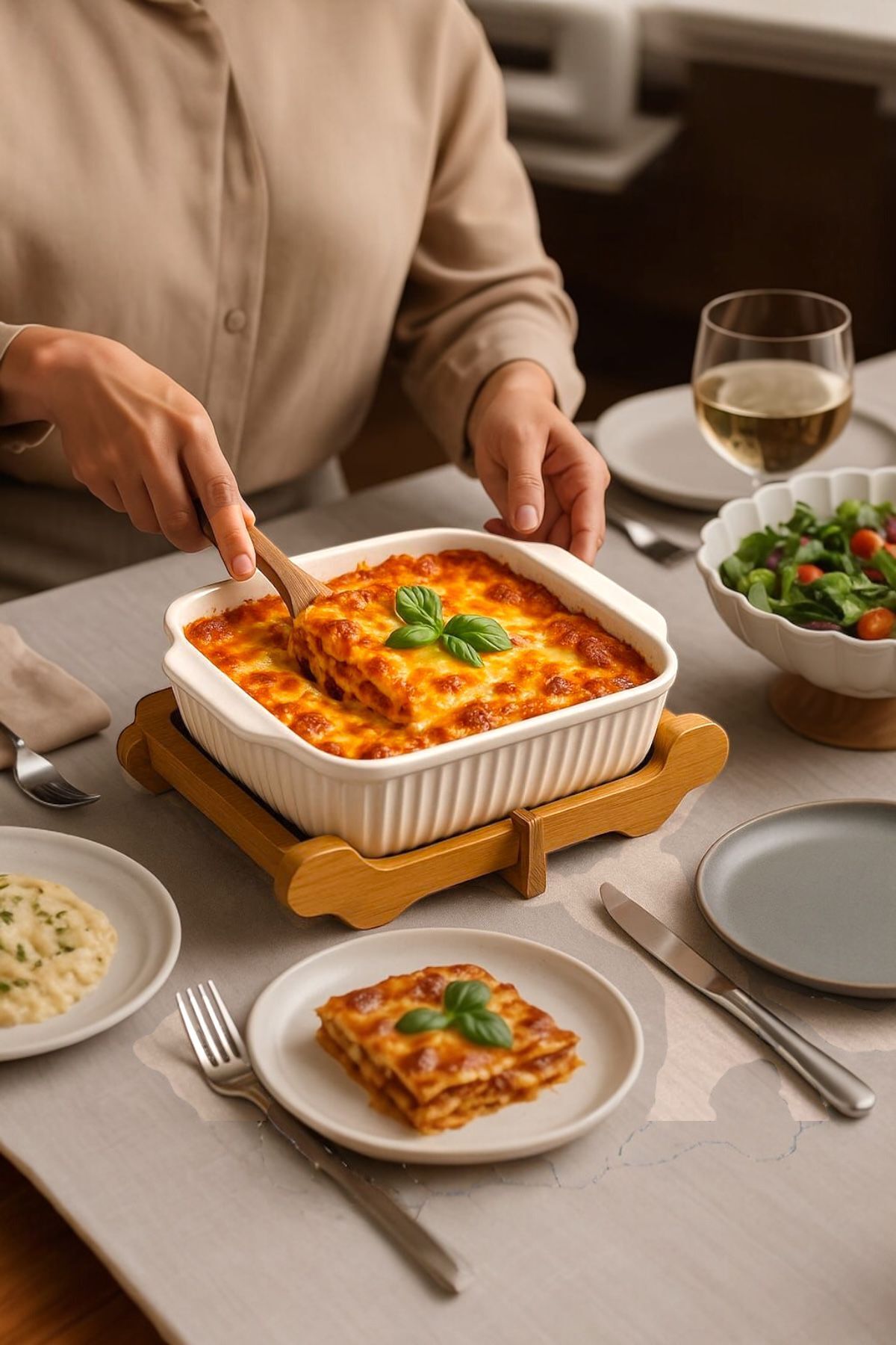 Akkoyunlu home Ahşap Altlıklı Kare Servis Tabağı,Salata Kasesi Sunumluk Tabak Fırın Kabı