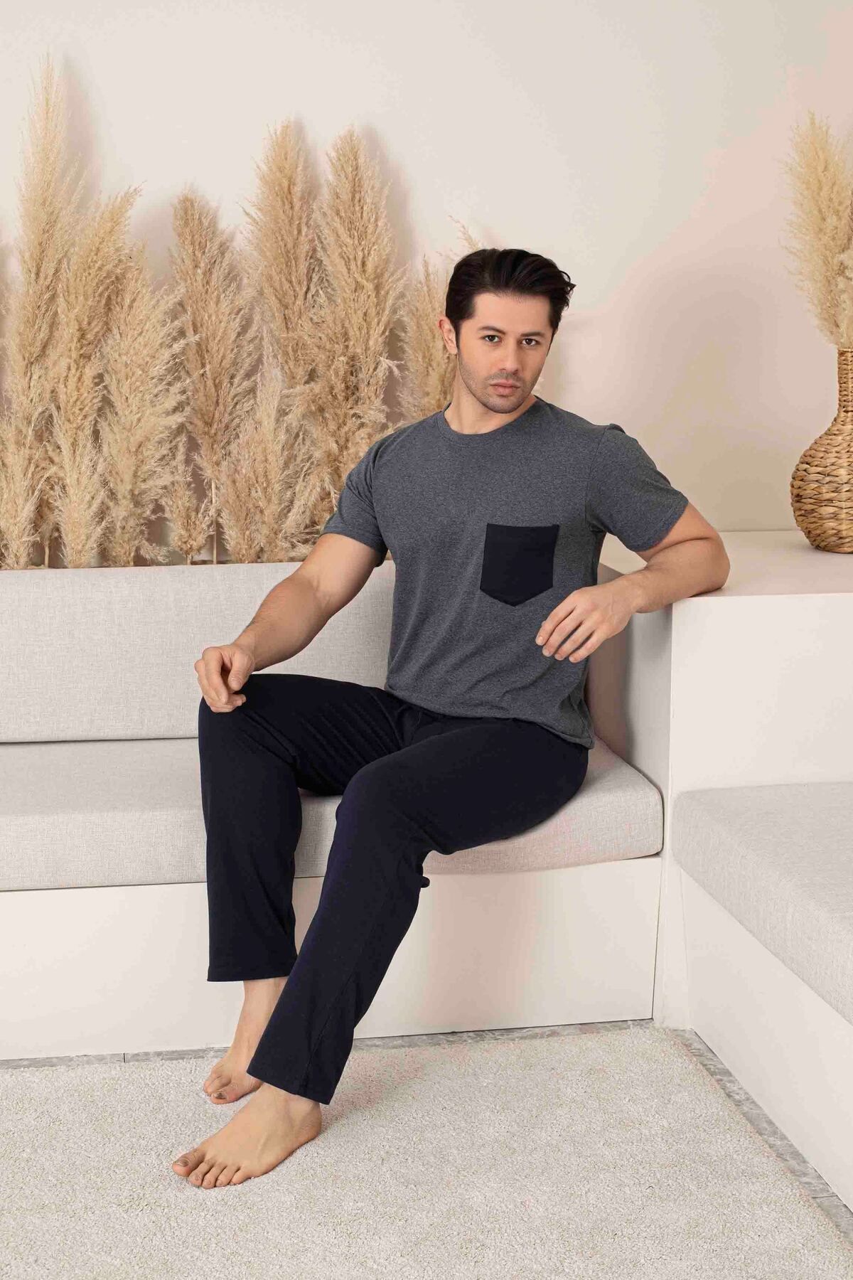 Pijamax Erkek Füme-Lacivert KOMBİN Cepli Kısa Kollu Penye Yazlık Pijama Takımı