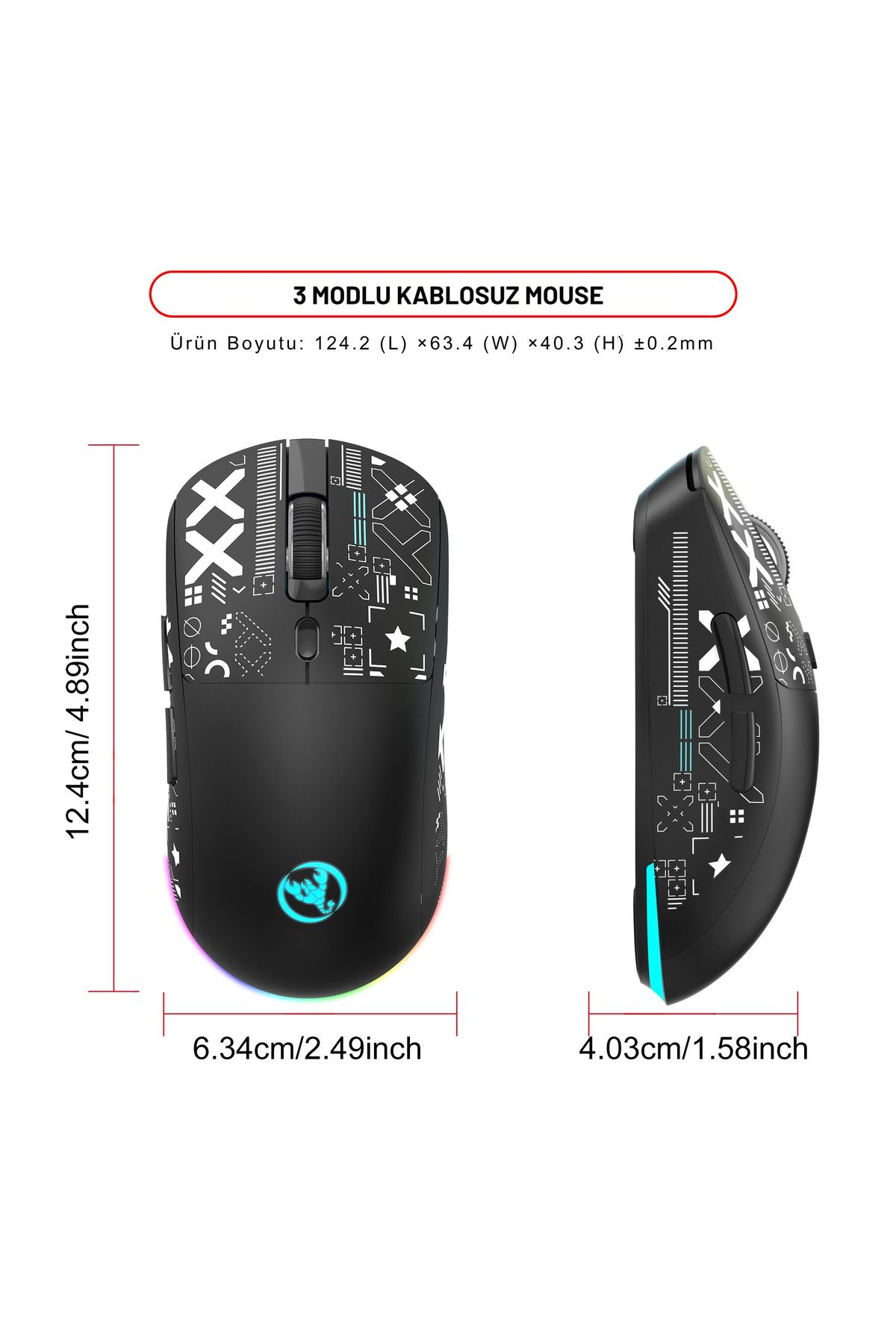 HXSJ T90 Kablosuz 3 Modlu Mouse -650 Mah Batarya - 4800 Fps Özel Baskılı Tasarım - Rgb