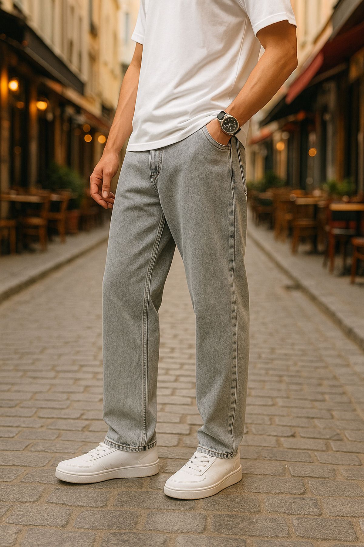 Pobudo Baggy Gri Renk Rahat Kesim Erkek Jeans Pantolon