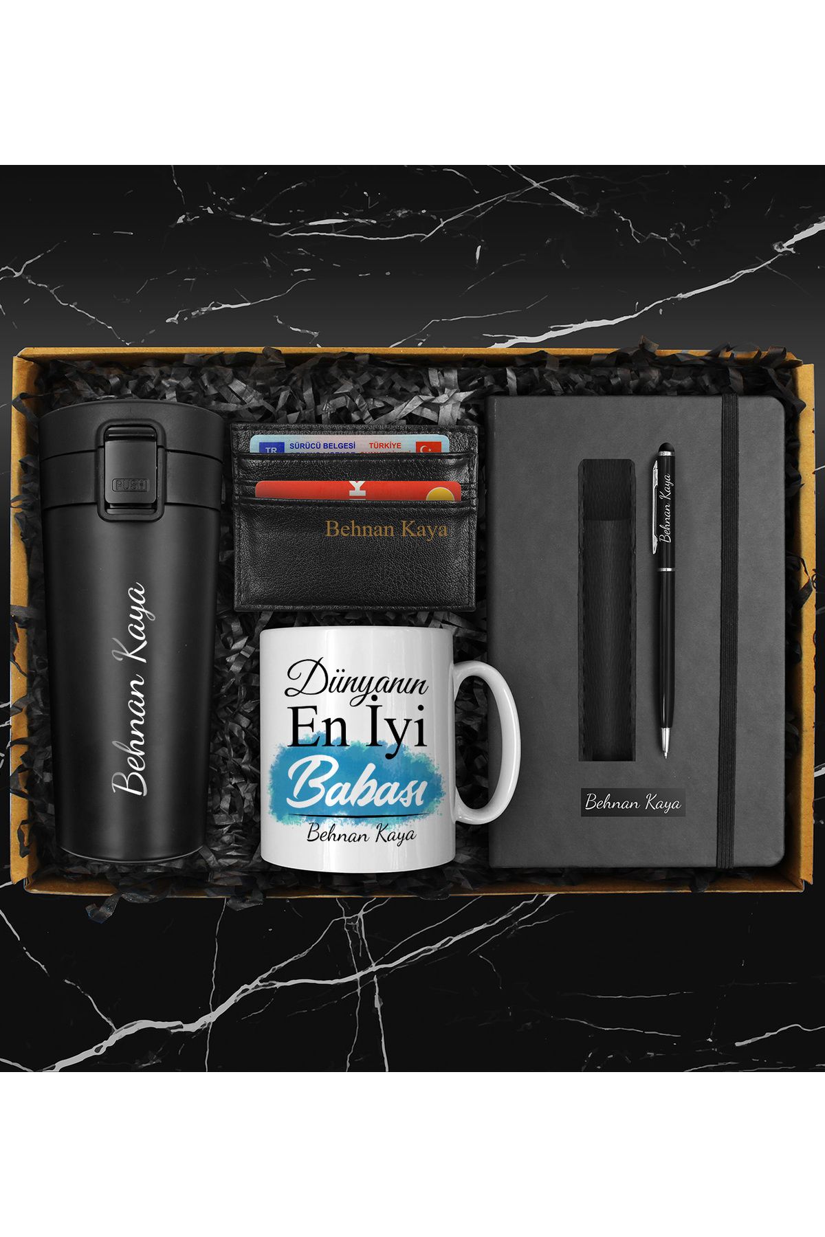 Apollon Gift Shop Babalar Gününe Kişiye Özel Tasarım Çelik Termos & Defter & Deri Kılıflı Kalem & Kupa & Kartvizitlik