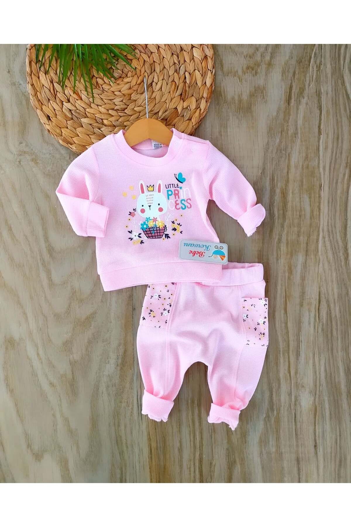 bebe kervanı Kız Bebek Pembe Tavşan Temalı %100 Pamuklu 2'li Takım BBK1394
