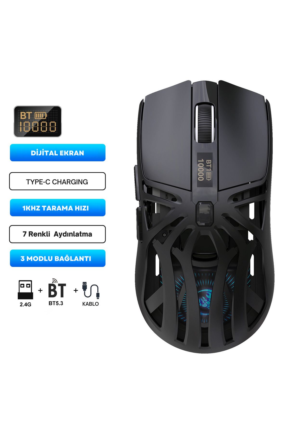 HXSJ T400 Kablosuz 3 Modlu Dijital Göstergeli 650 Mah Batarya - Makrolu Oyuncu Mouse