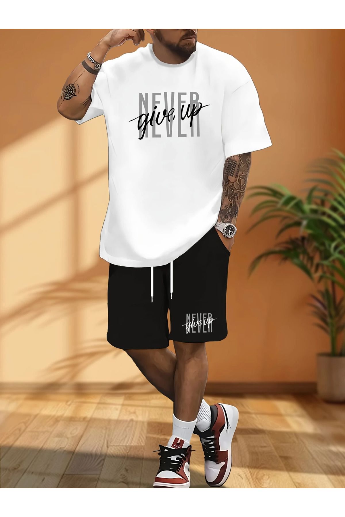 aynewmoda Erkekler Rahat Nefes Alabilir Açık Hava Spor Seti, Yetişkin Yaz İçin 3D Baskılı Tişört ve Pantolon