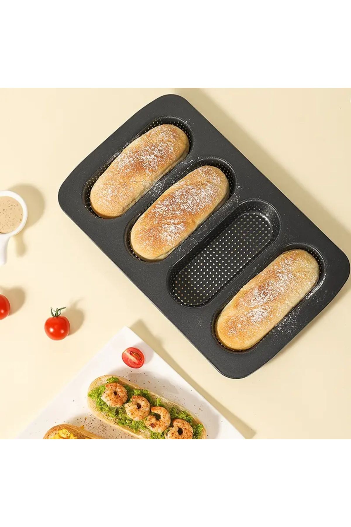 Siliko World 4 Gözlü Yapışmaz Metal Baget Tavası Hava Dolaşımı Delikli, Ekmek Pişirme Tavası