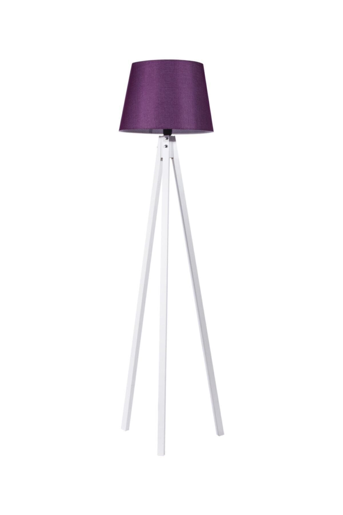SerenityHaven 3 Ayaklı Lambader Tripod Köşe Lambası Ahşap Abajur Mürdüm Beyaz