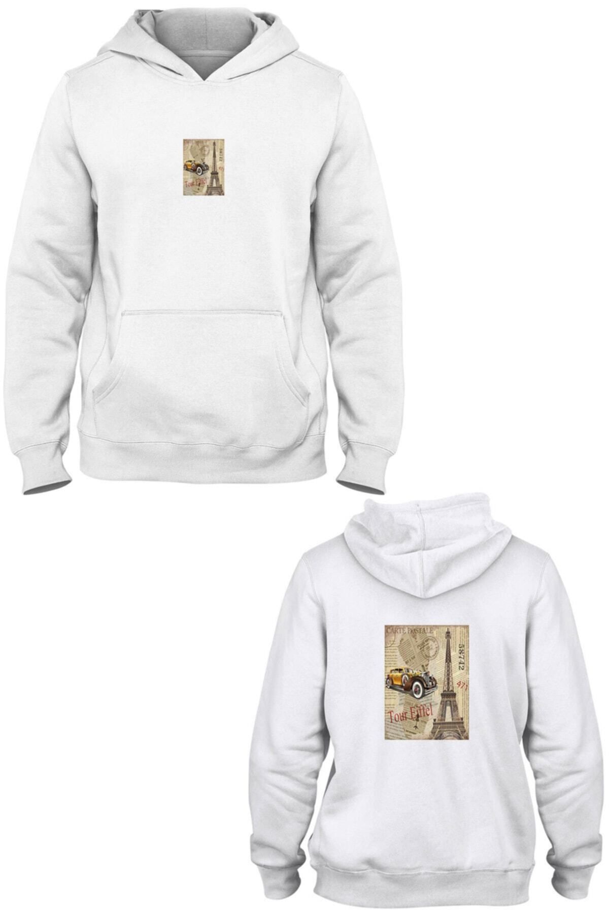 Pisa Art Eyfel Kulesi Ön Arka Baskılı Kanguru Cepli Kapşonlu Sweatshirt Bll513