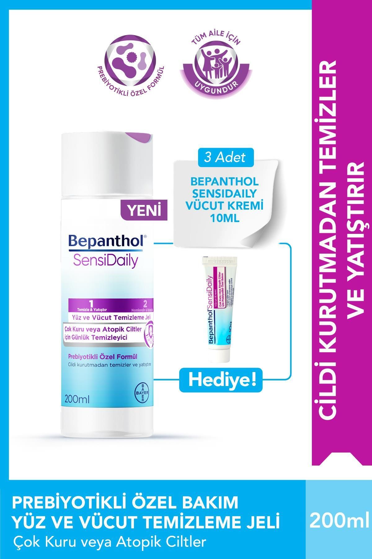Bepanthol SensiWash Yüz ve Vücut Temizleme Jeli 200ml + Sensidaily Mini Boy Hediye - Çok Kuru Atopik Ciltler,